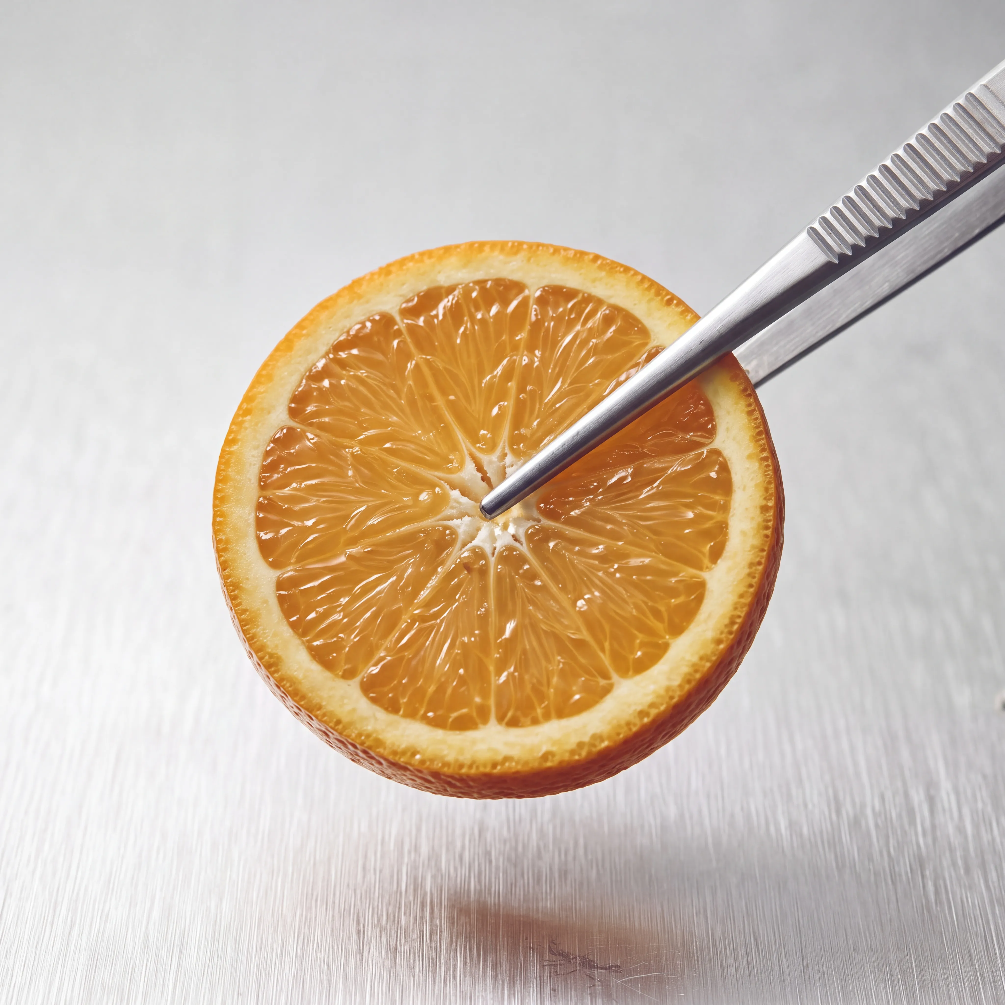A slice of orange held in stainless steel tweezers above a brushed metal surface