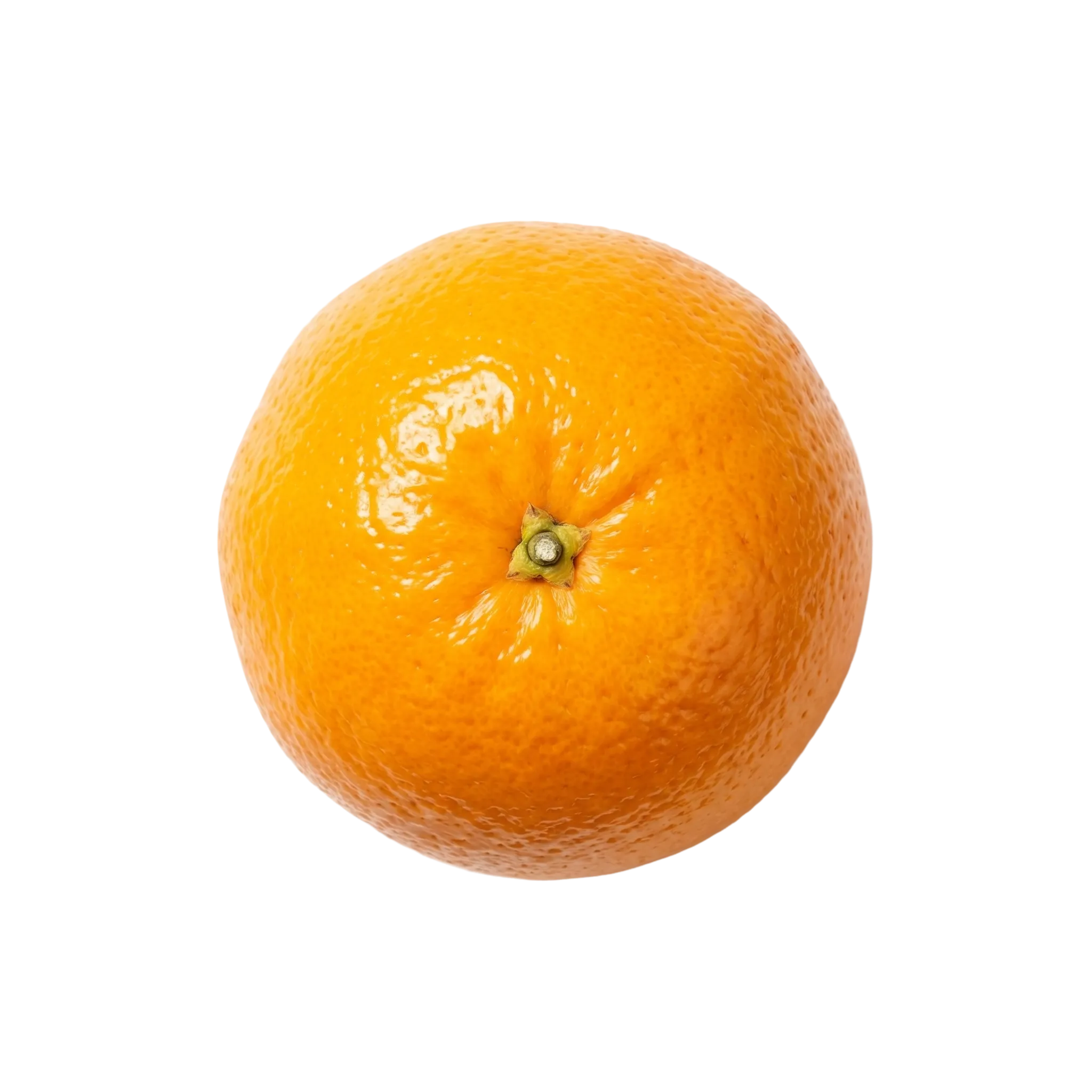 A whole unpeeled orange seen from the stem end, a source of vitamin C