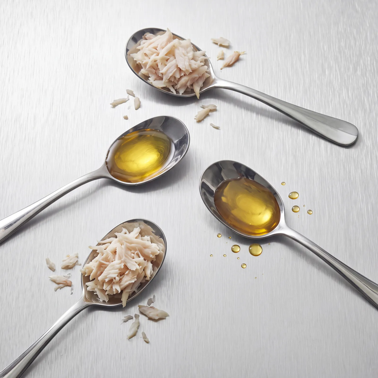 Four stainless steel spoons on a brushed metal surface, two holding flaked white fish and two holding drops of golden oil