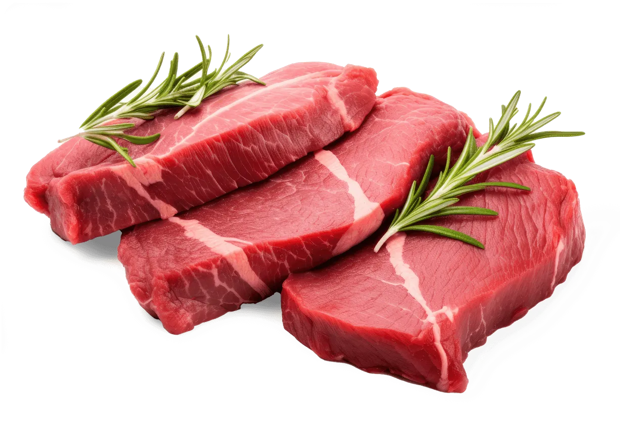 Three cuts of raw marbled beef with sprigs of rosemary, a natural source of iron