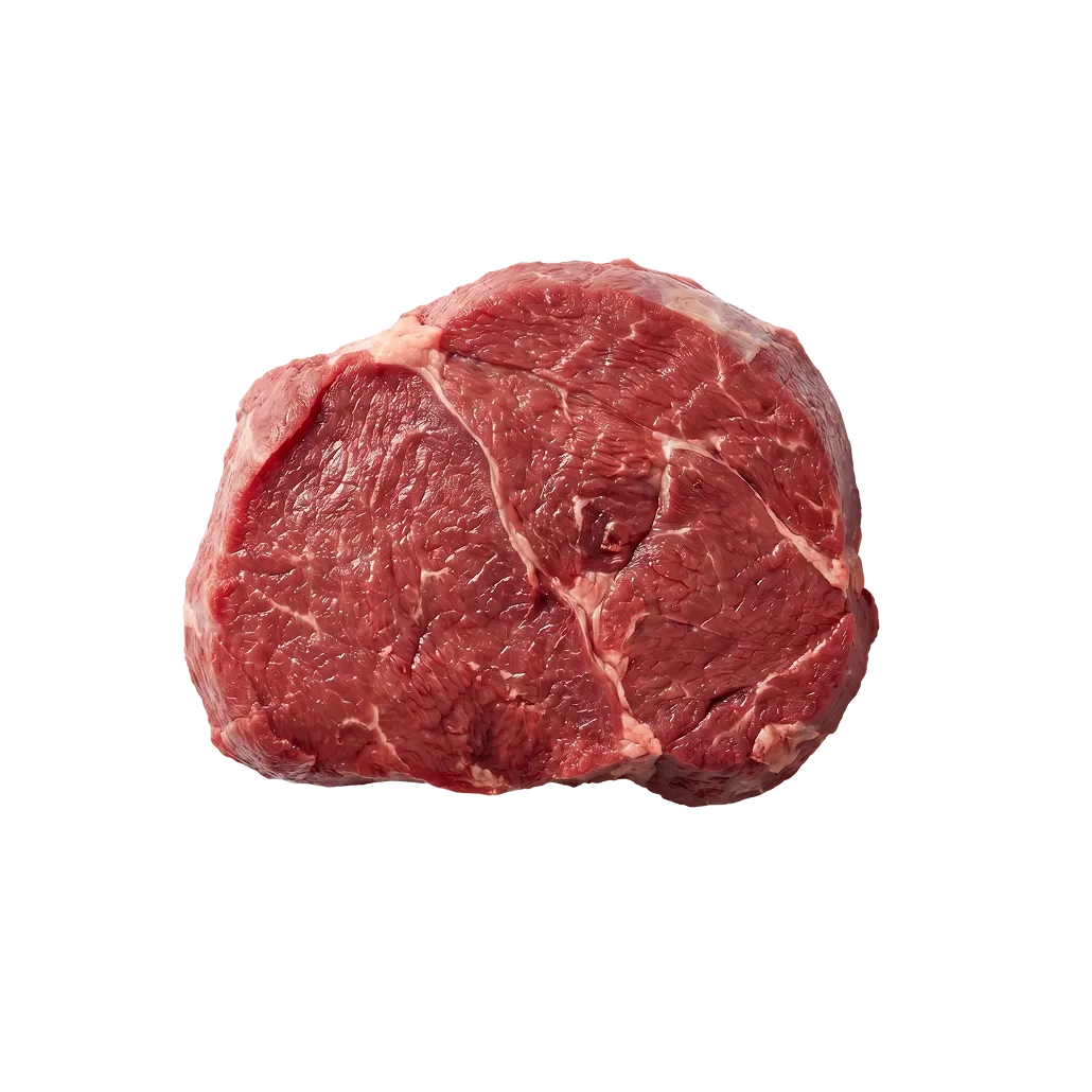 A thick raw beef steak, deep red with thin seams of fat