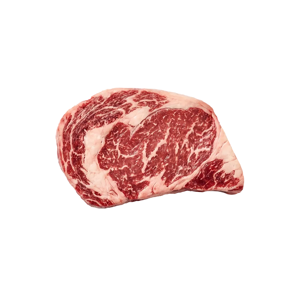 A raw ribeye steak with bands of white marbling running through the red meat