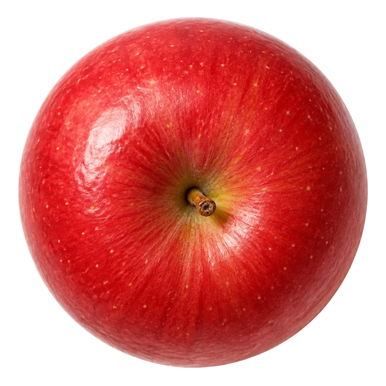 A whole red apple seen from above, its stem at the centre