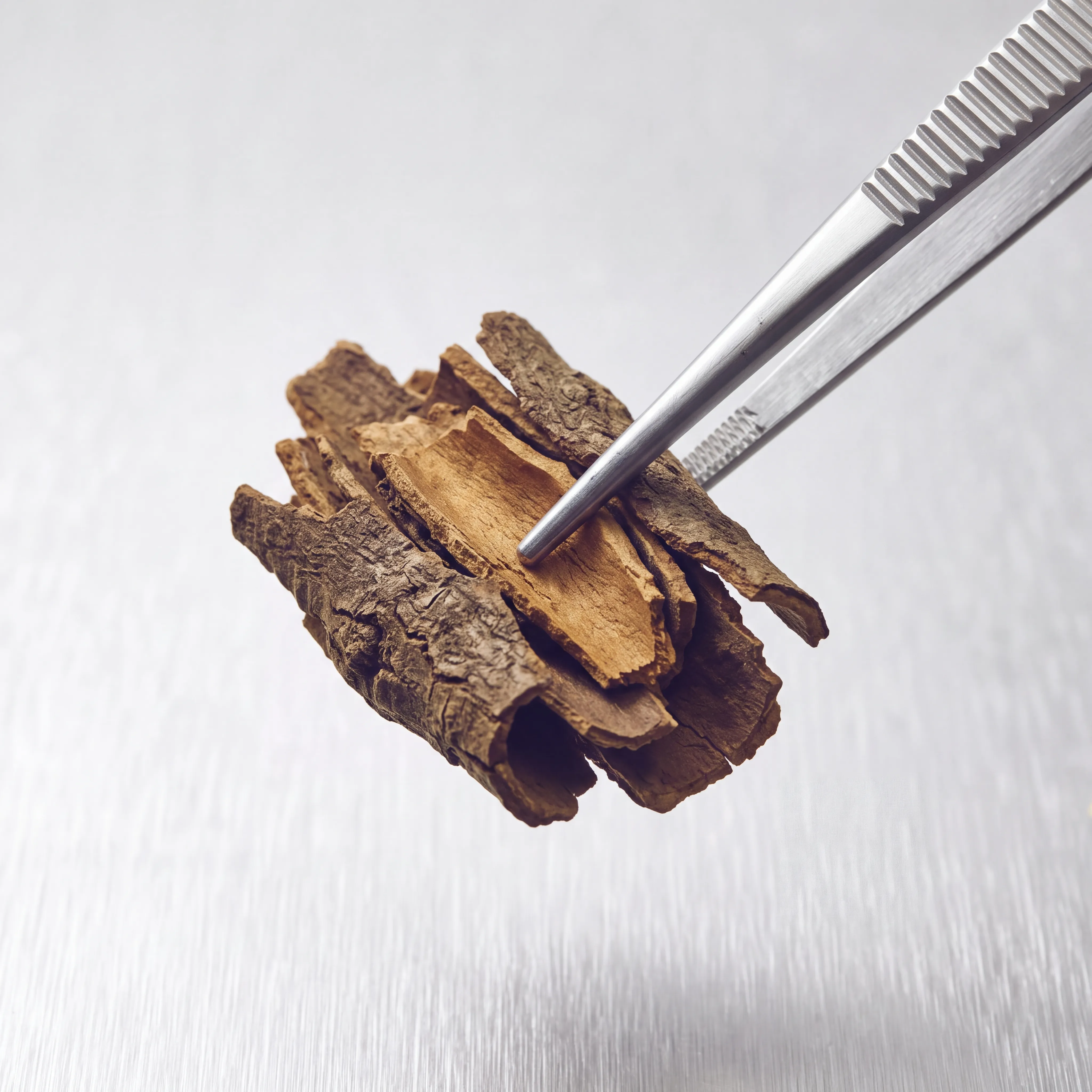 Strips of dried bark held in stainless steel tweezers above a brushed metal surface