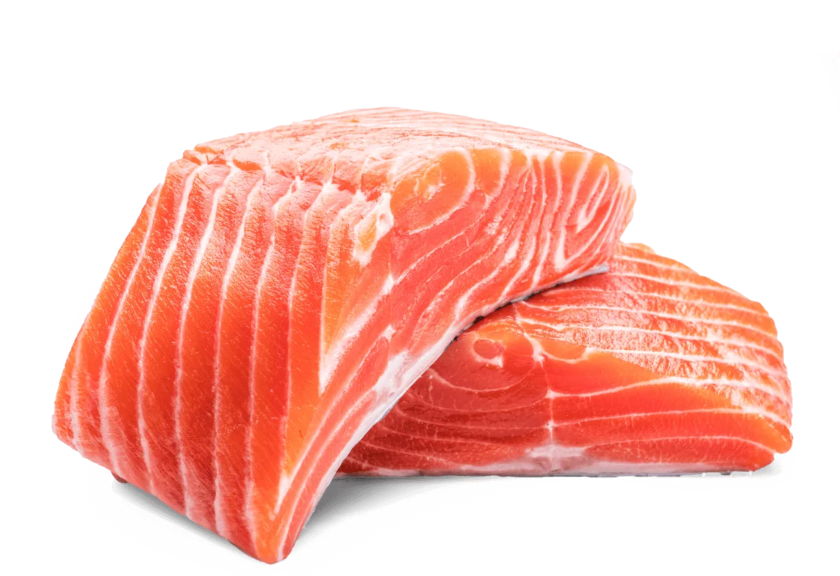 Two thick raw salmon fillets, the fish source of omega-3 oil