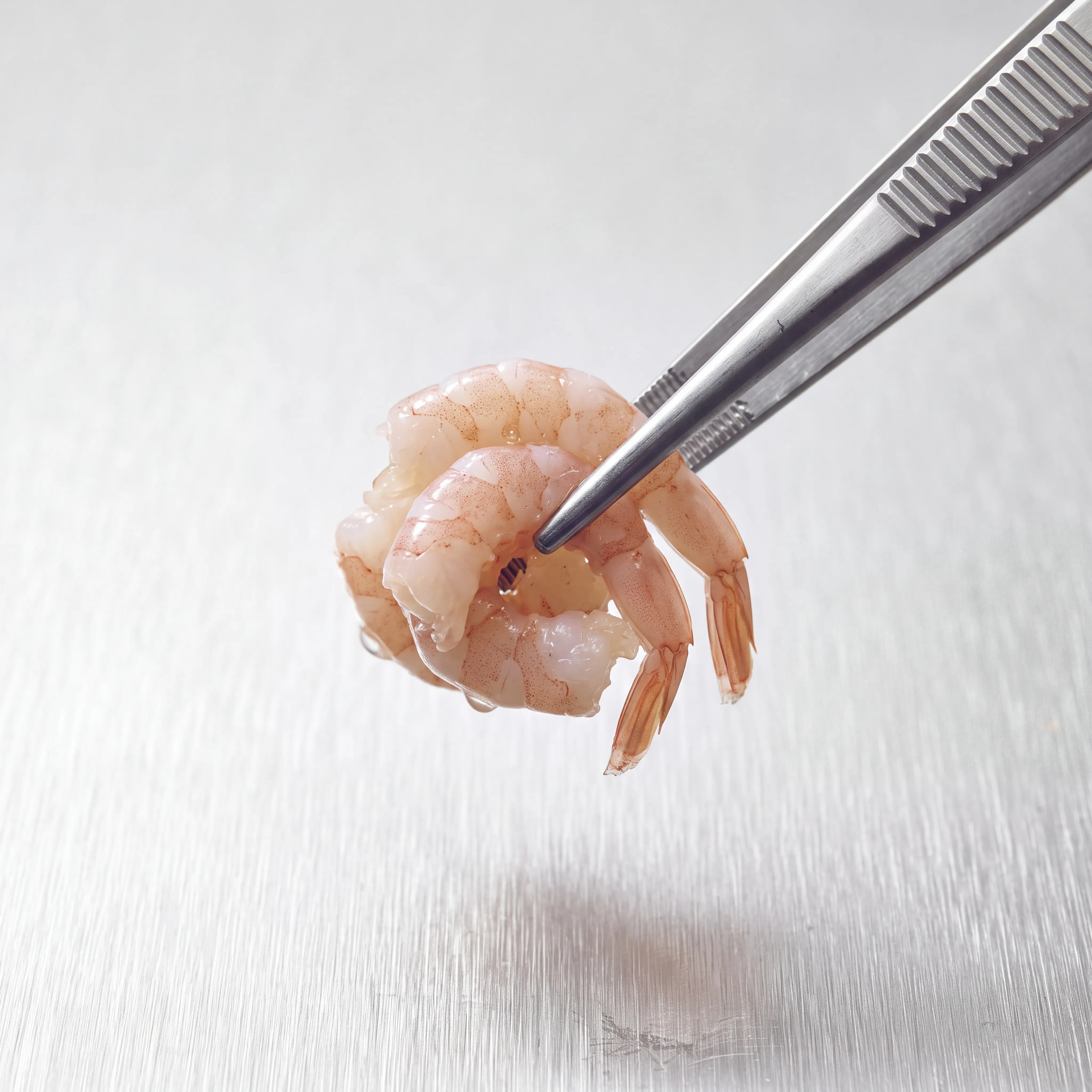 A peeled shrimp held in stainless steel tweezers above a brushed metal surface