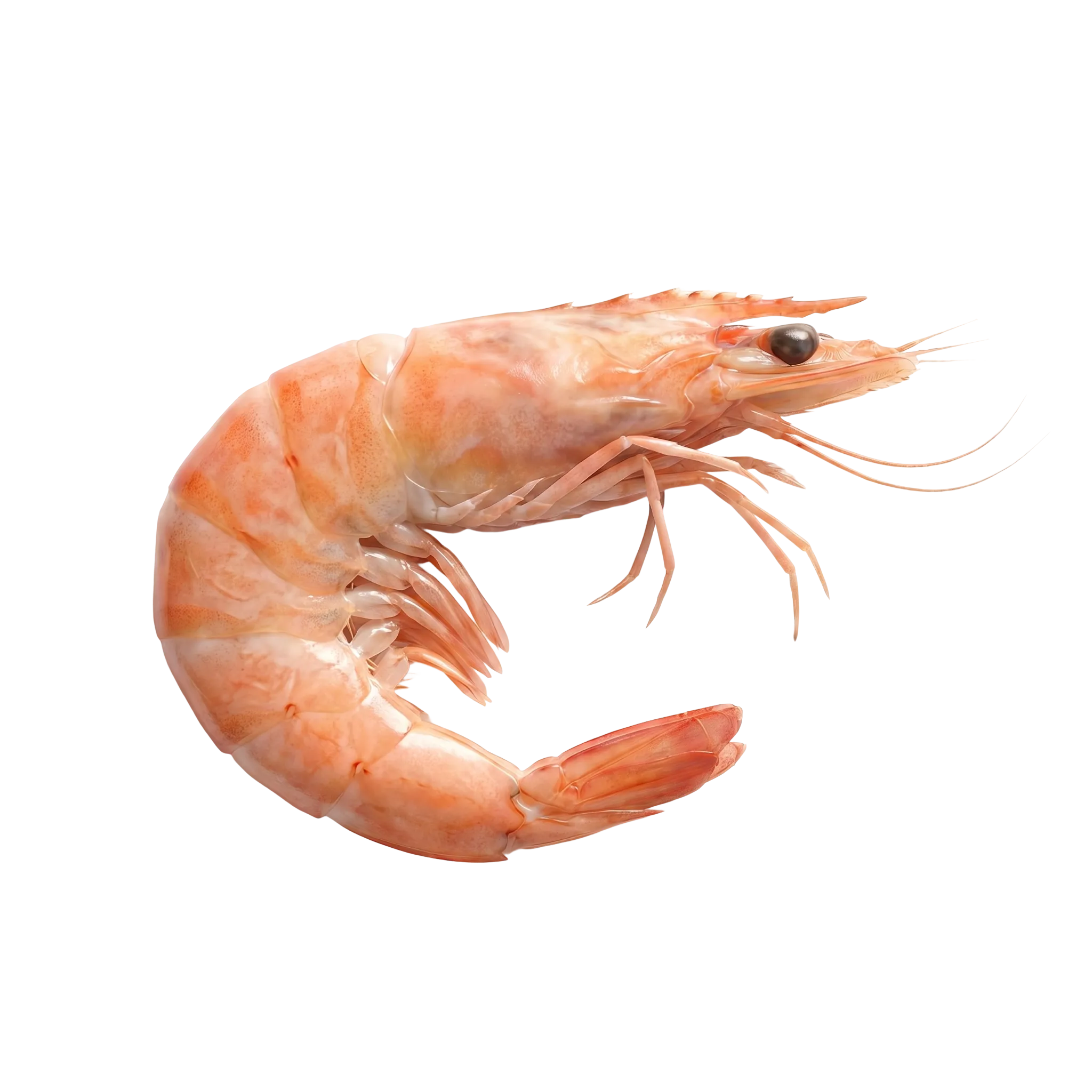 A whole raw shrimp curled on its side, the shellfish source of glucosamine