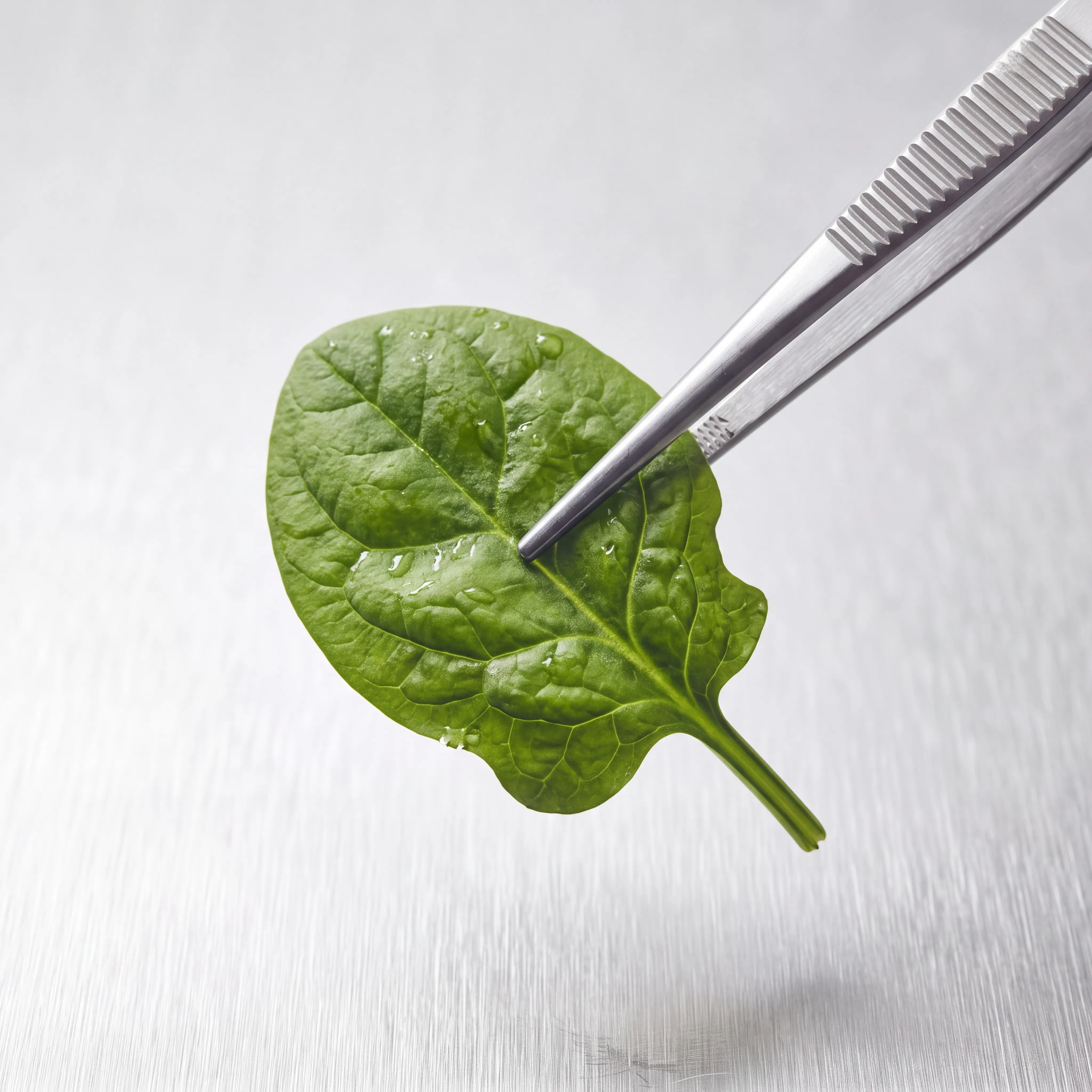 A spinach leaf held in stainless steel tweezers above a brushed metal surface