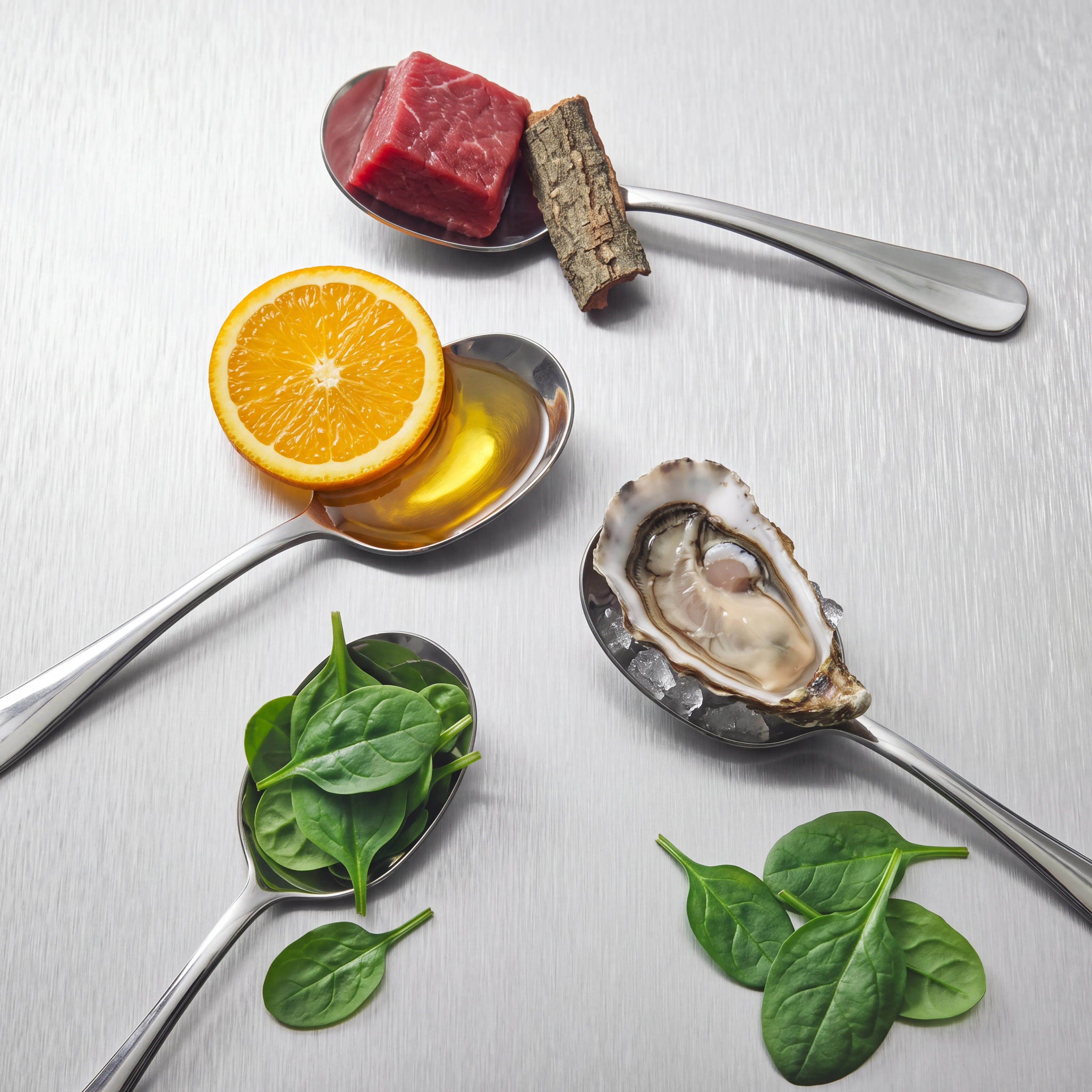 Spoons of raw beef, an orange slice, oil, an oyster and spinach with a piece of bark arranged on brushed metal