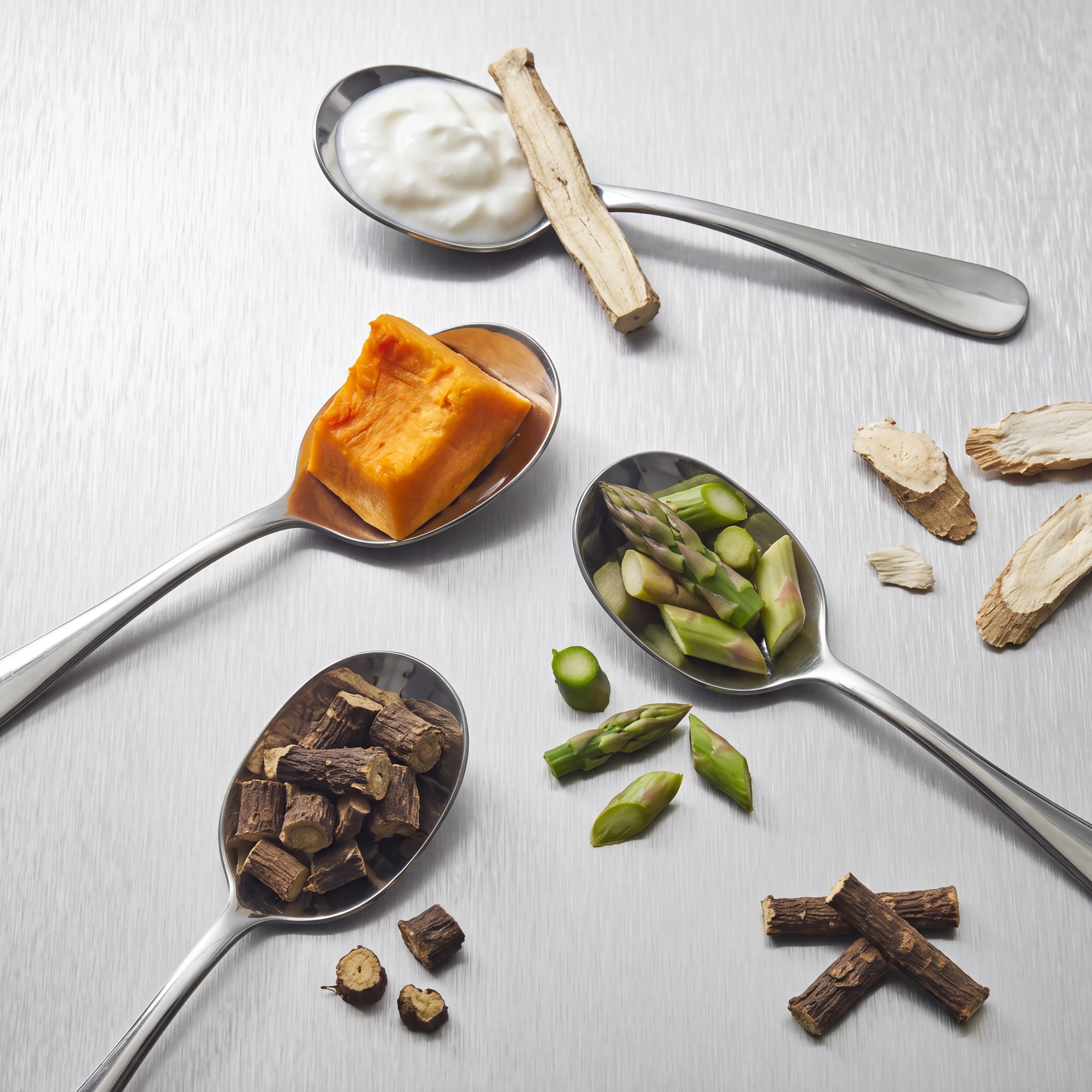 Spoons of white probiotic cream, pumpkin, asparagus and dried root pieces arranged on brushed metal, with loose root slices and sticks beside them