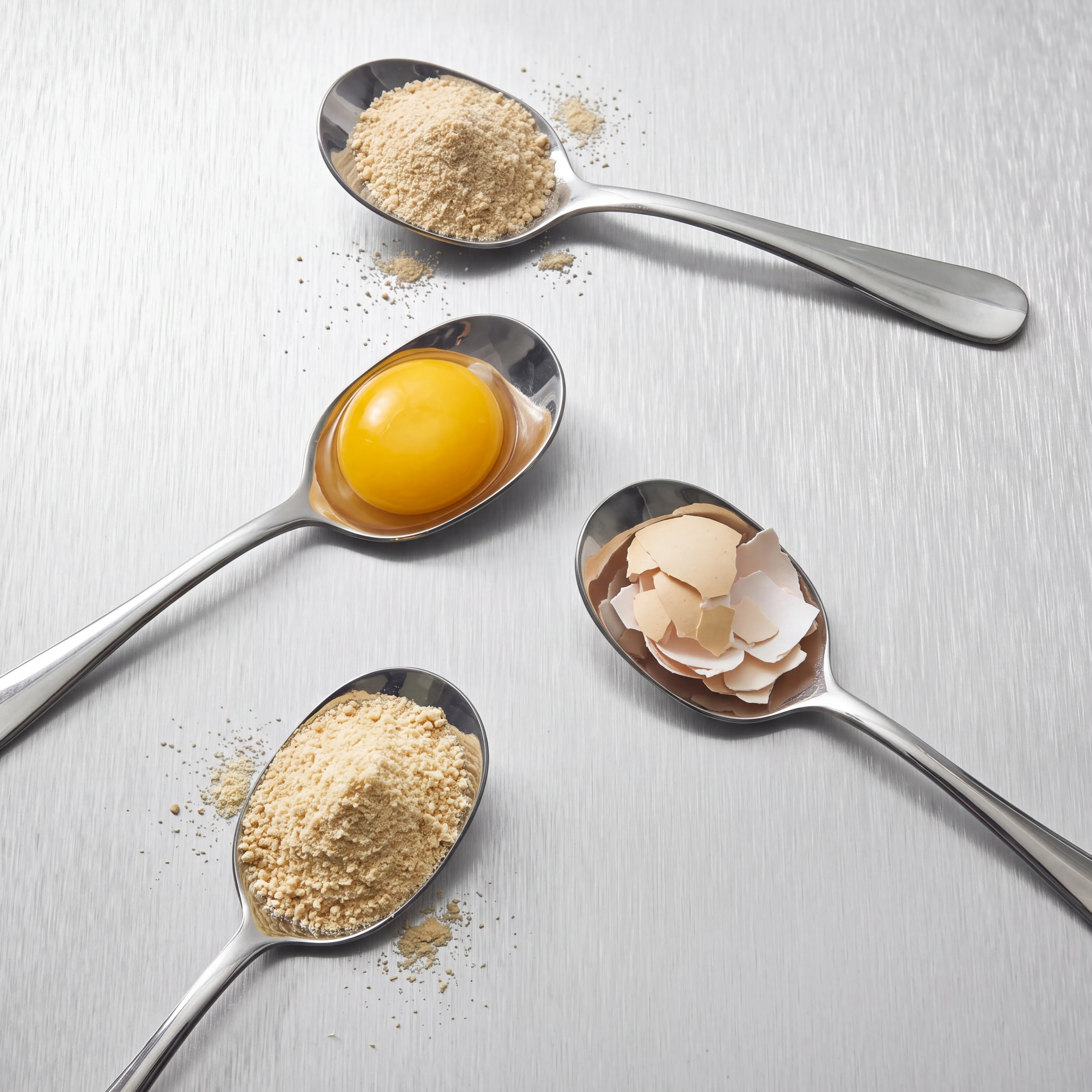 Spoons of pale egg powder, a raw egg yolk and crushed eggshell arranged on brushed metal