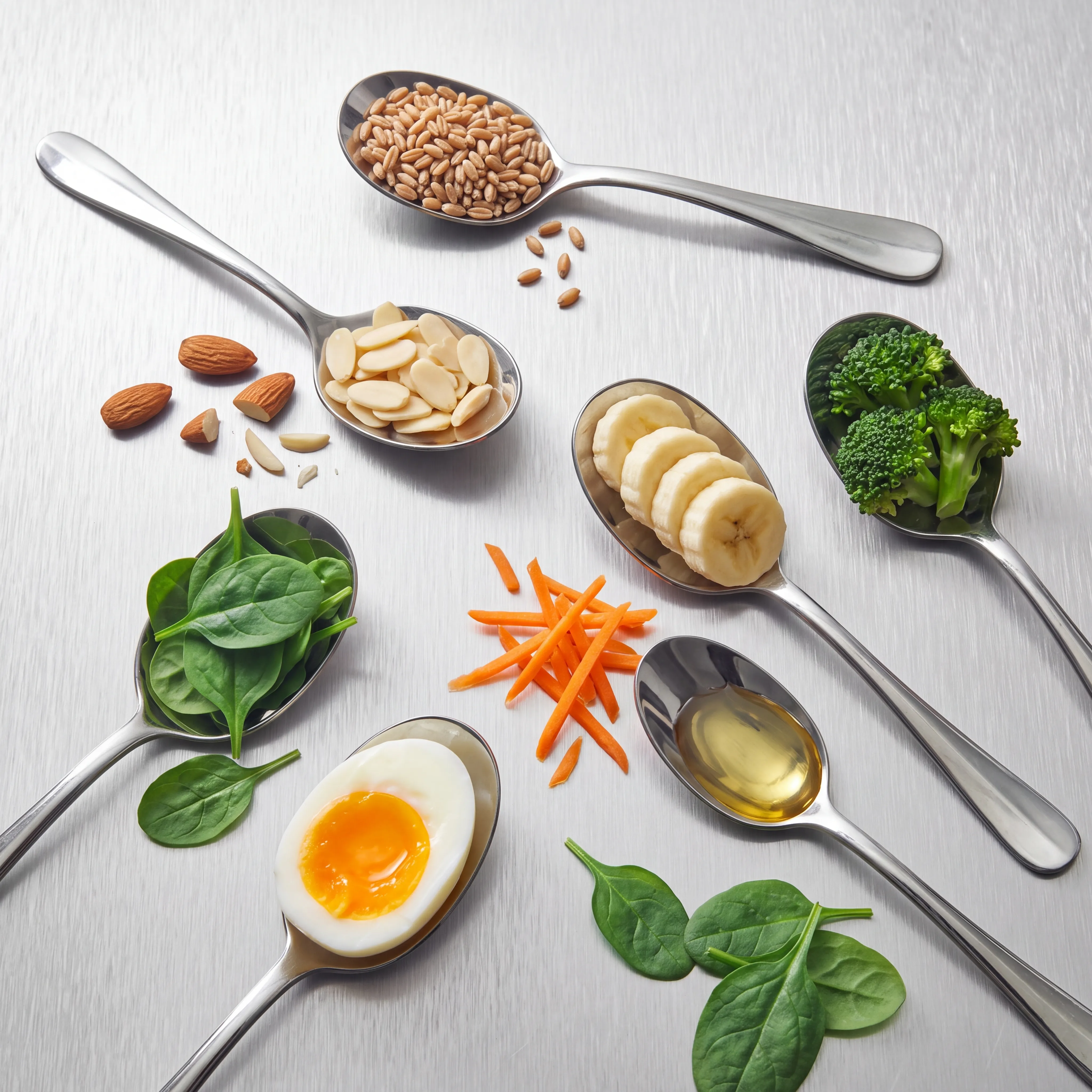 Spoons of spinach, soft-boiled egg, broccoli, banana, oil, sliced almonds and grains arranged on brushed metal with grated carrot and loose almonds