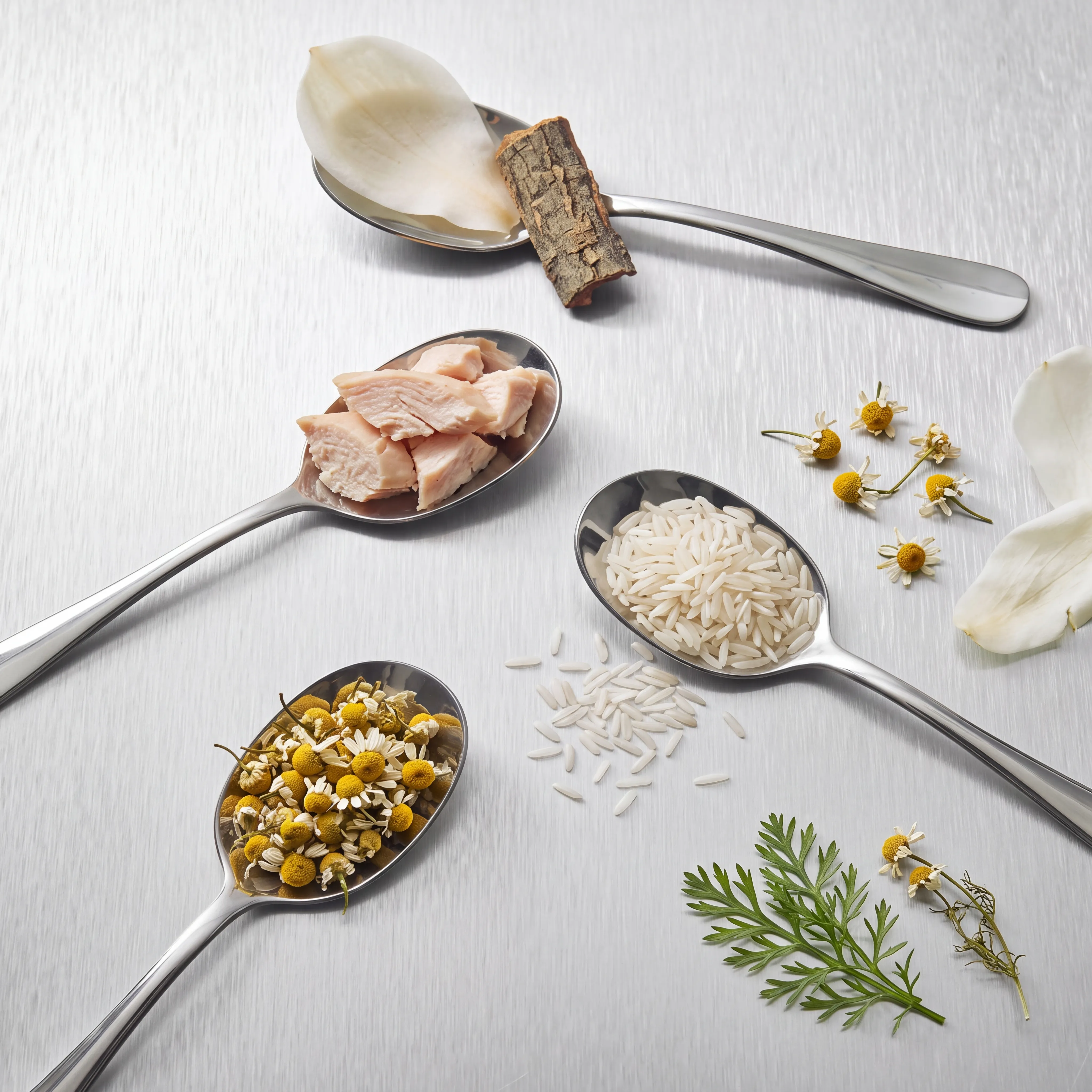 Spoons of turkey, white rice, chamomile flowers, a piece of bark and a magnolia petal arranged on brushed metal, with loose chamomile and herb sprigs