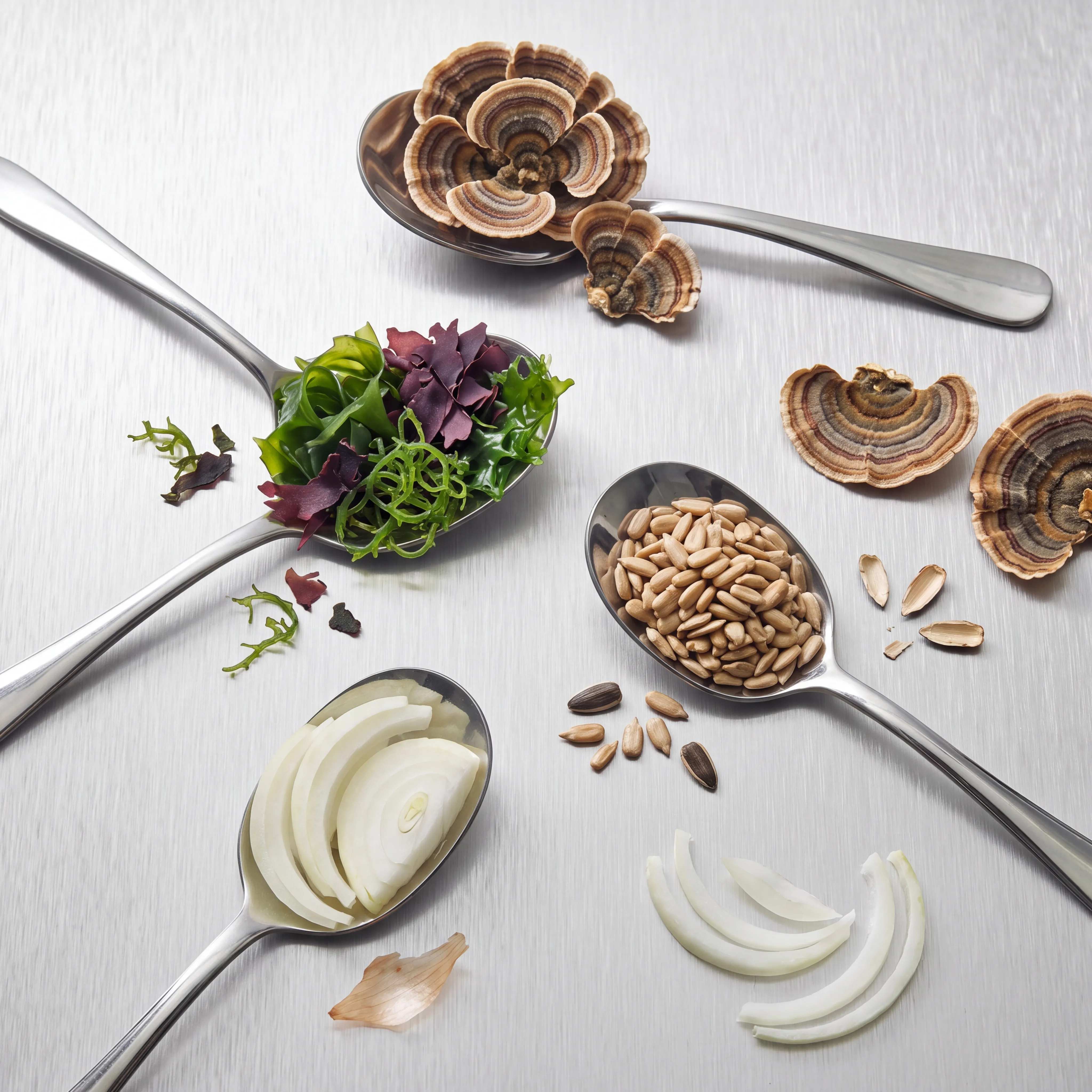 Spoons of turkey tail mushroom, mixed seaweed, sunflower kernels and sliced white onion arranged on brushed metal