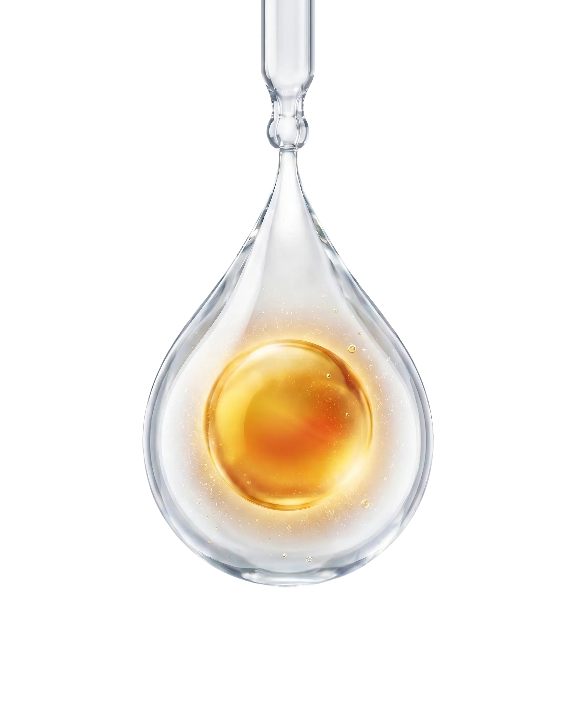 A glass pipette releasing a clear droplet with a glowing golden yolk suspended inside it