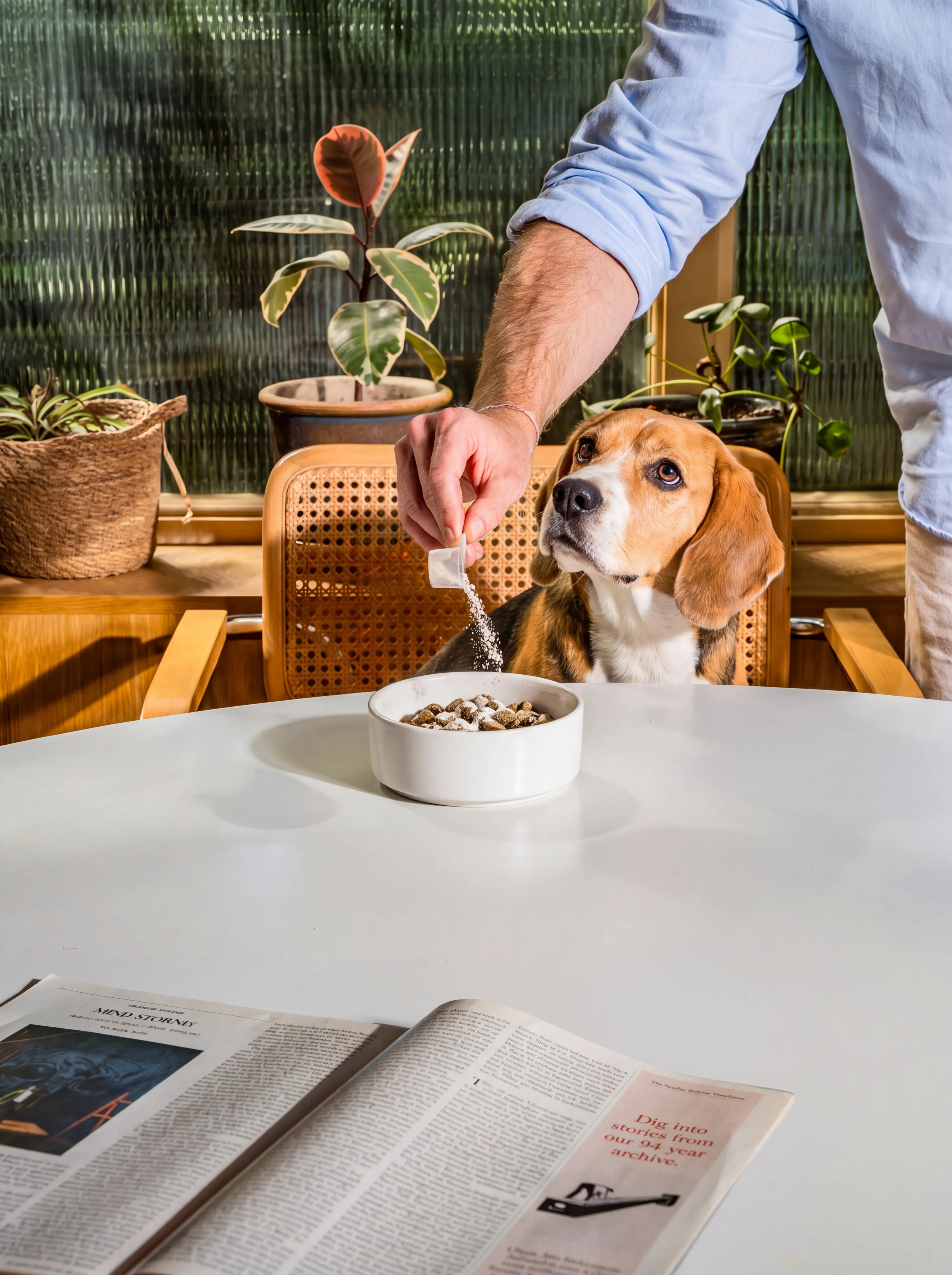 A beagle watches from beside a white table as its owner sprinkles powder from a scoop over a bowl of food