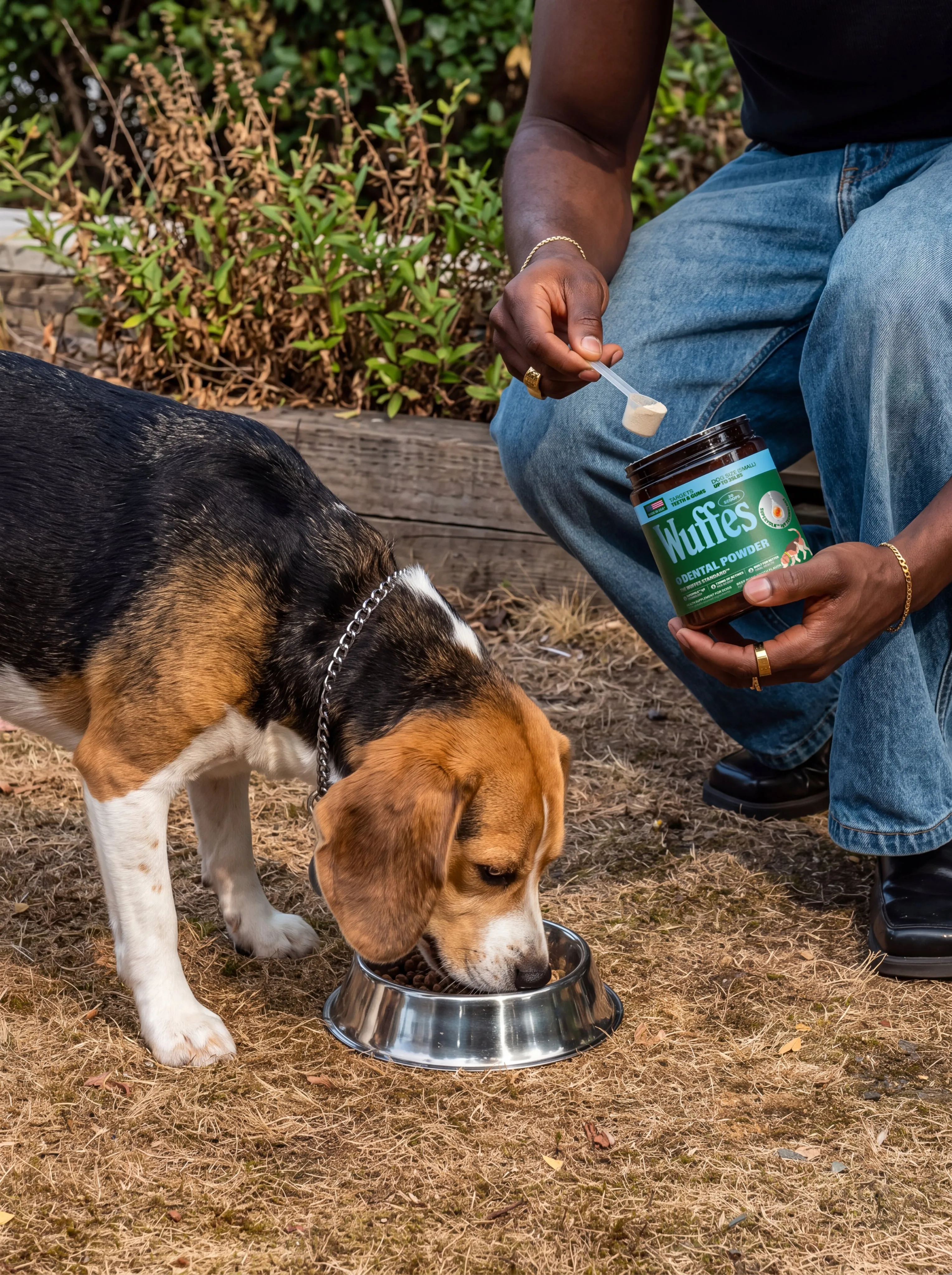 A beagle eats from a metal bowl while its owner scoops powder from a Wuffes jar