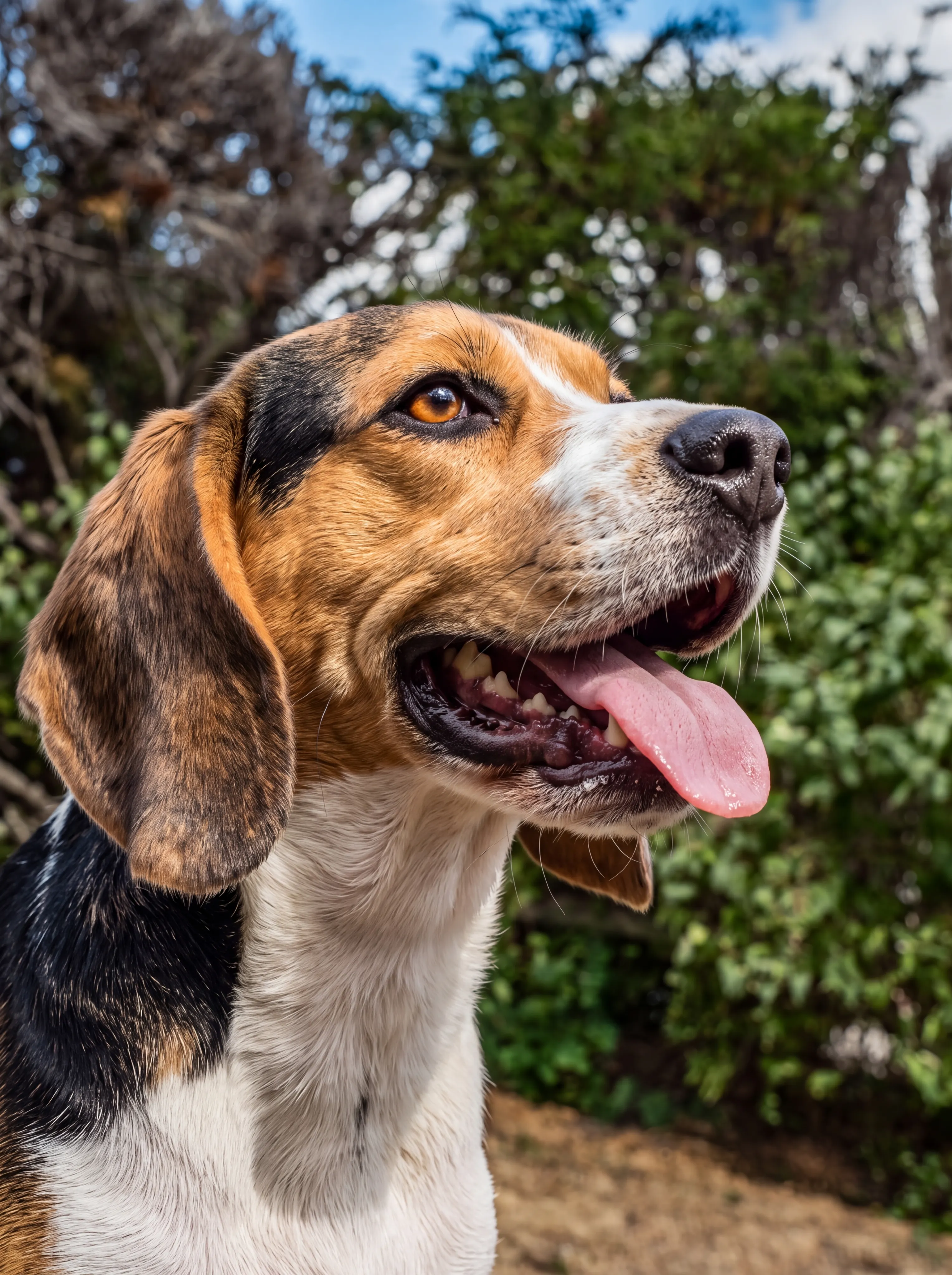 A close-up of a beagle panting with its tongue out in front of a garden hedge