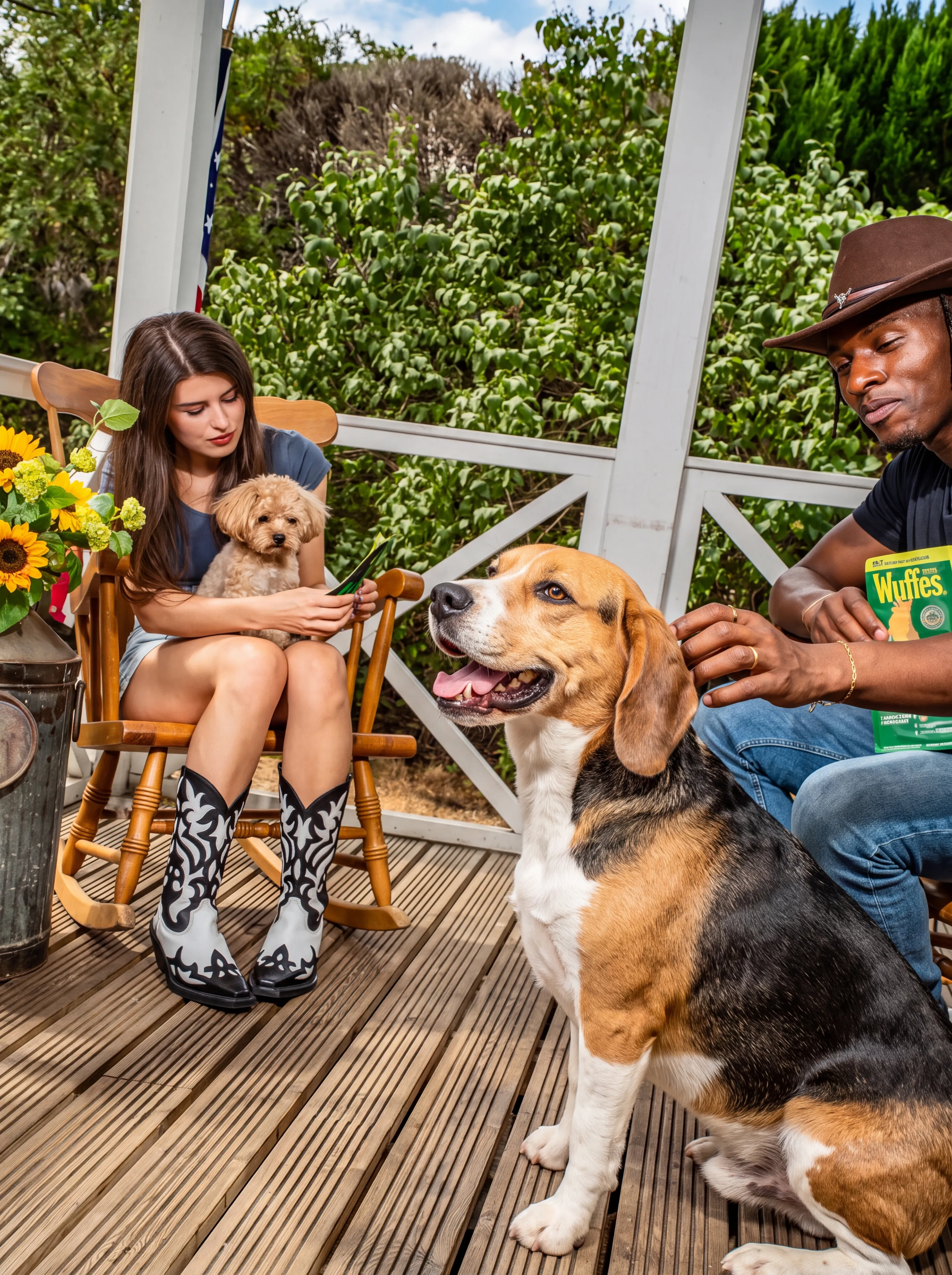 A beagle sits on a wooden porch between its two seated owners, one holding a small dog