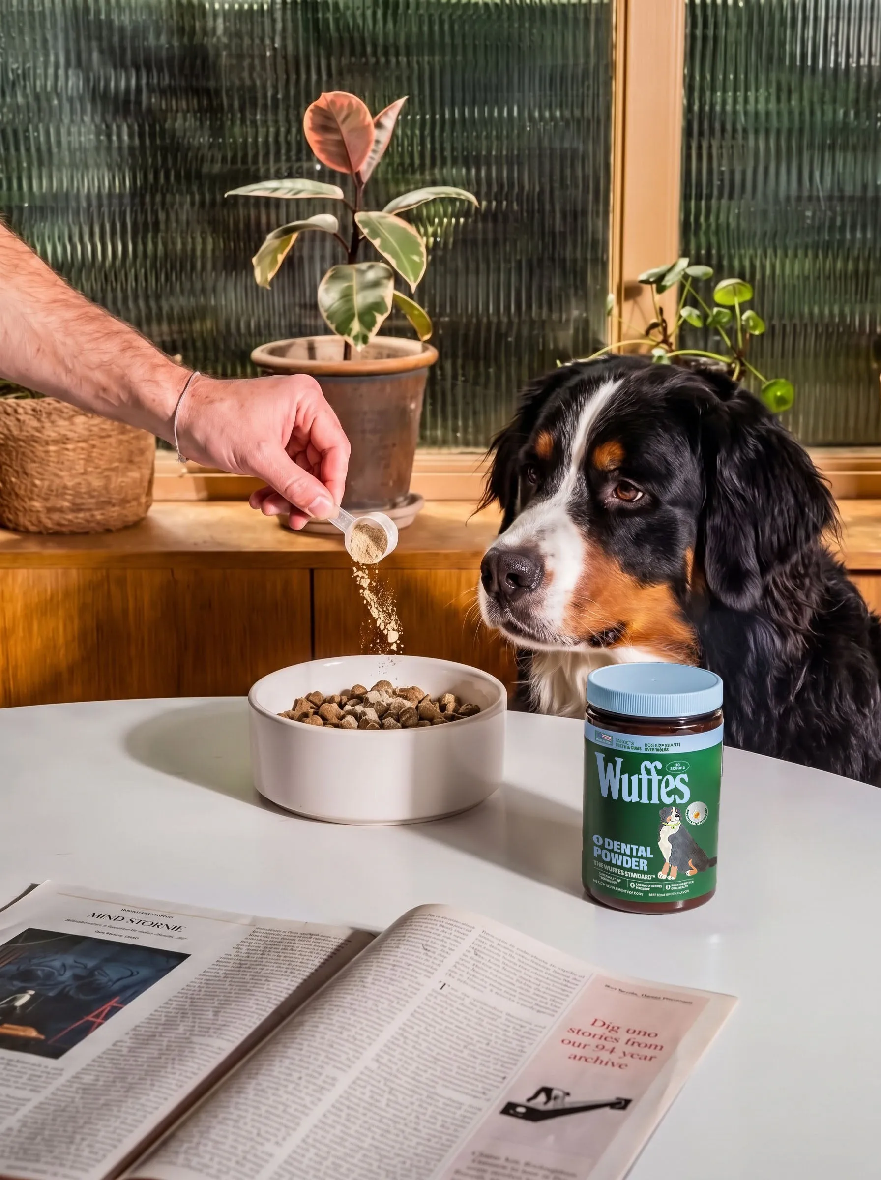 A Bernese mountain dog watches from beside a white table as its owner sprinkles powder from a Wuffes jar over a bowl of food
