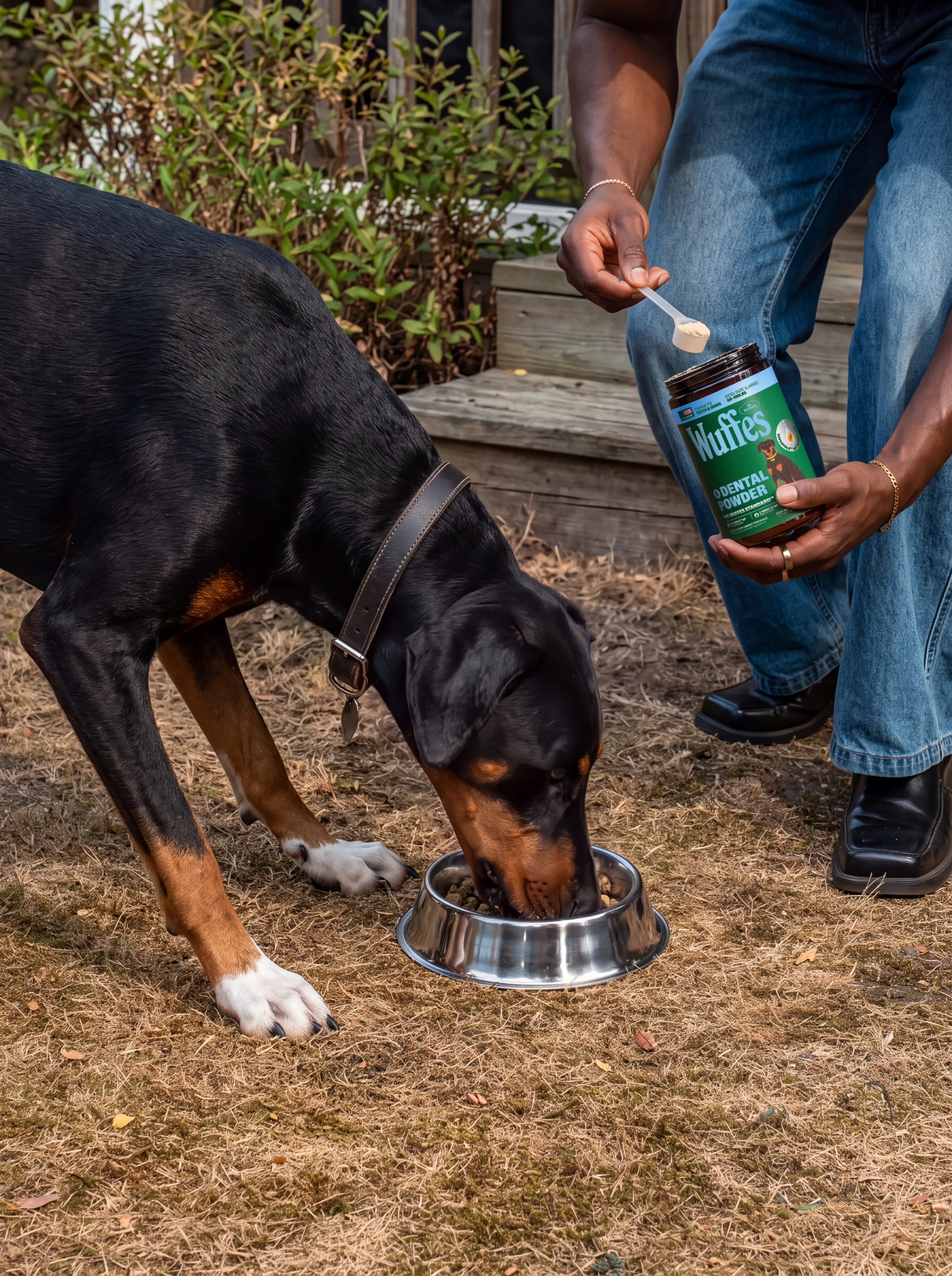 A black-and-tan dog eats from a metal bowl while its owner scoops powder from a Wuffes jar