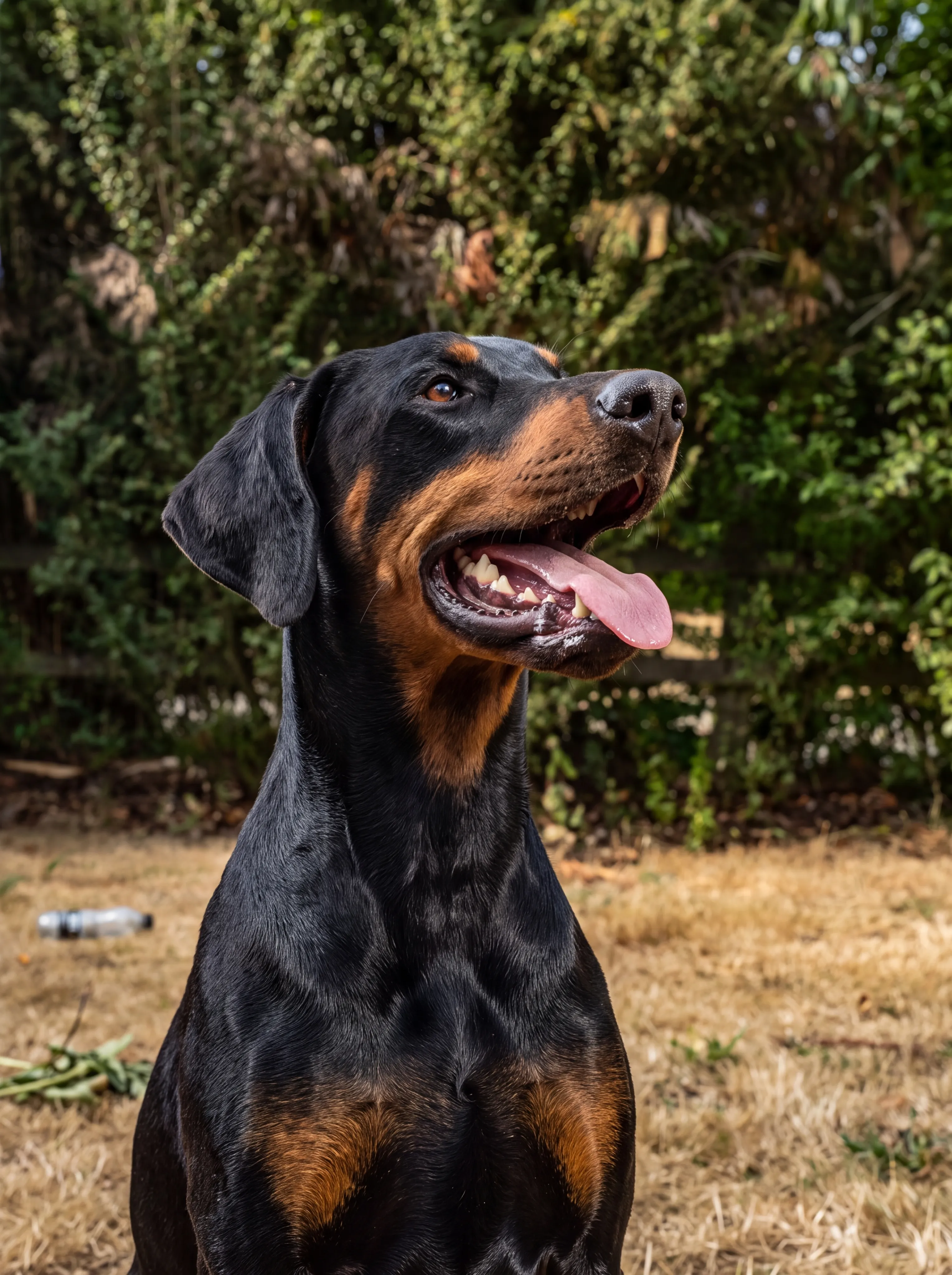 A black-and-tan dog sits panting with its tongue out on dry grass in a garden