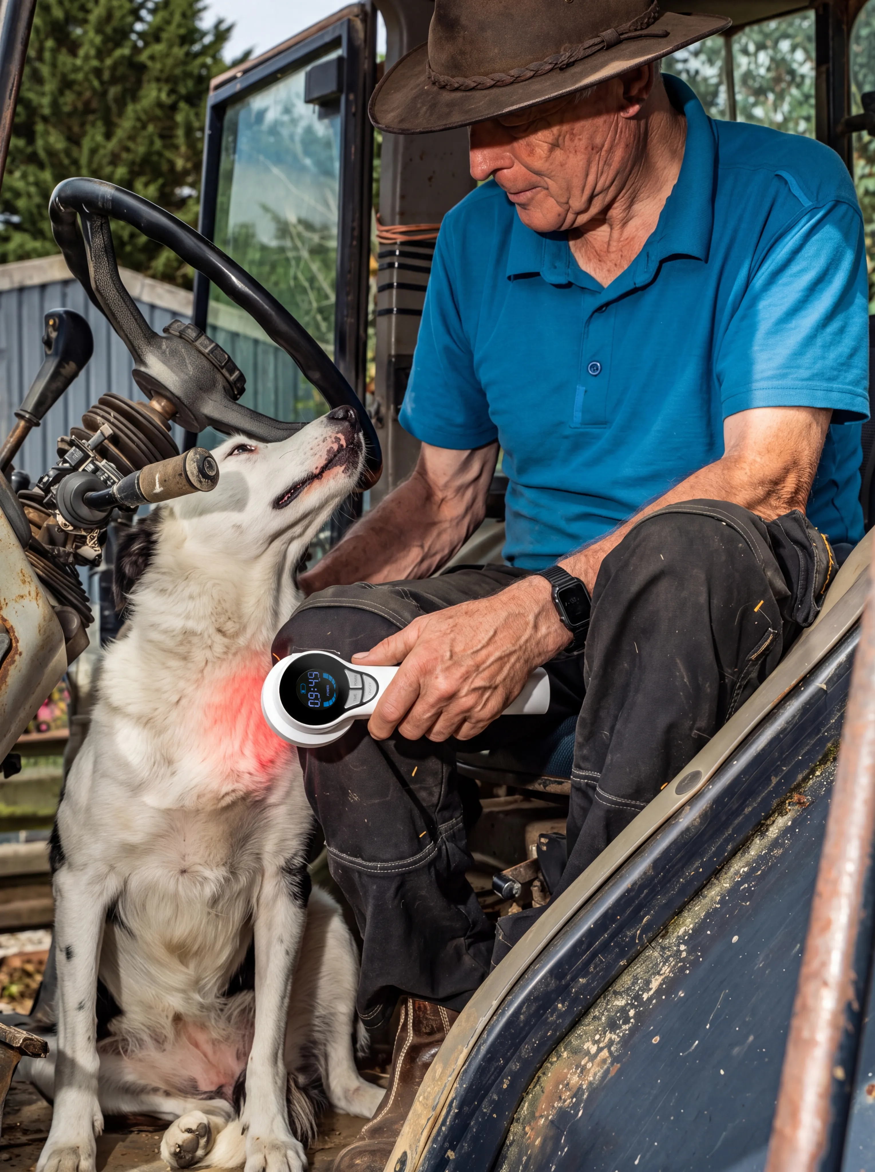 An older man in a cowboy hat sits in a tractor cab using a red-light laser device on a white dog's shoulder