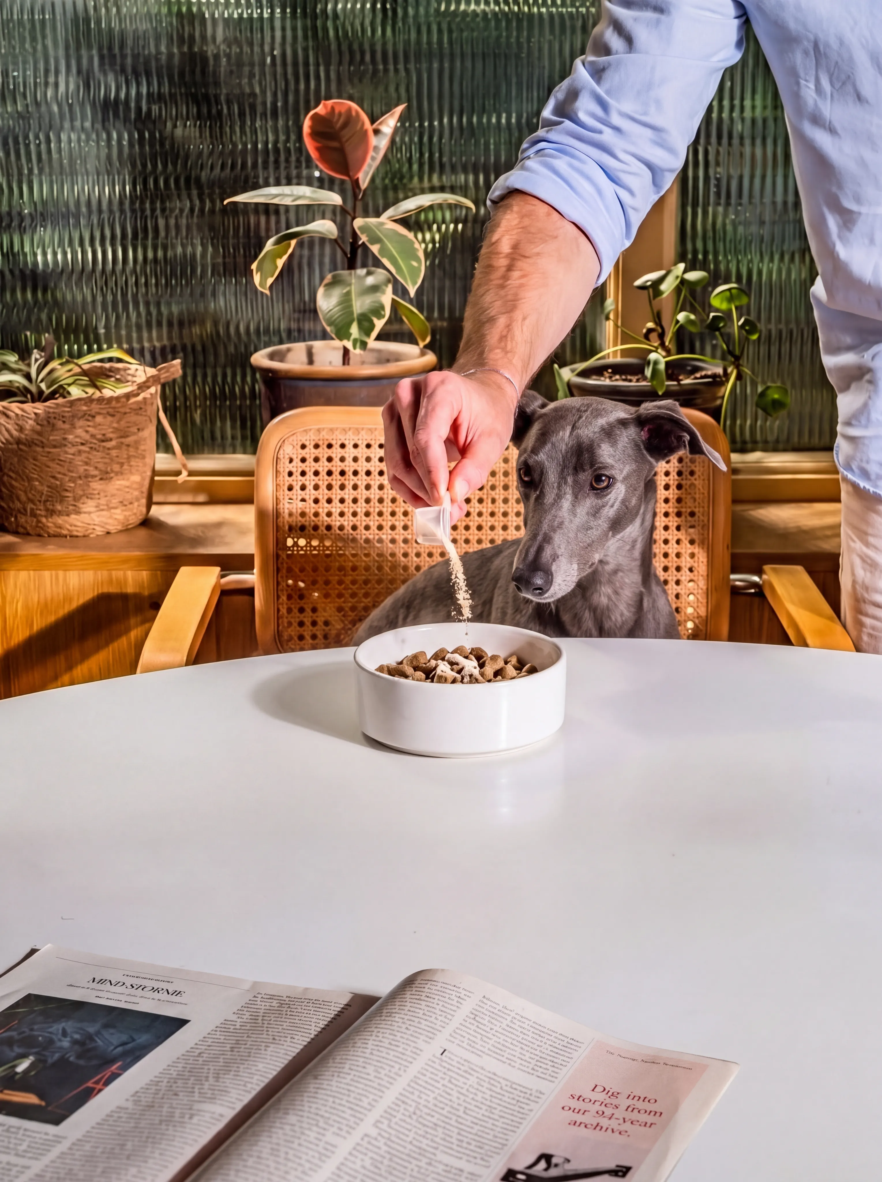 A grey lurcher watches from beside a white table as its owner sprinkles powder from a scoop over a bowl of food
