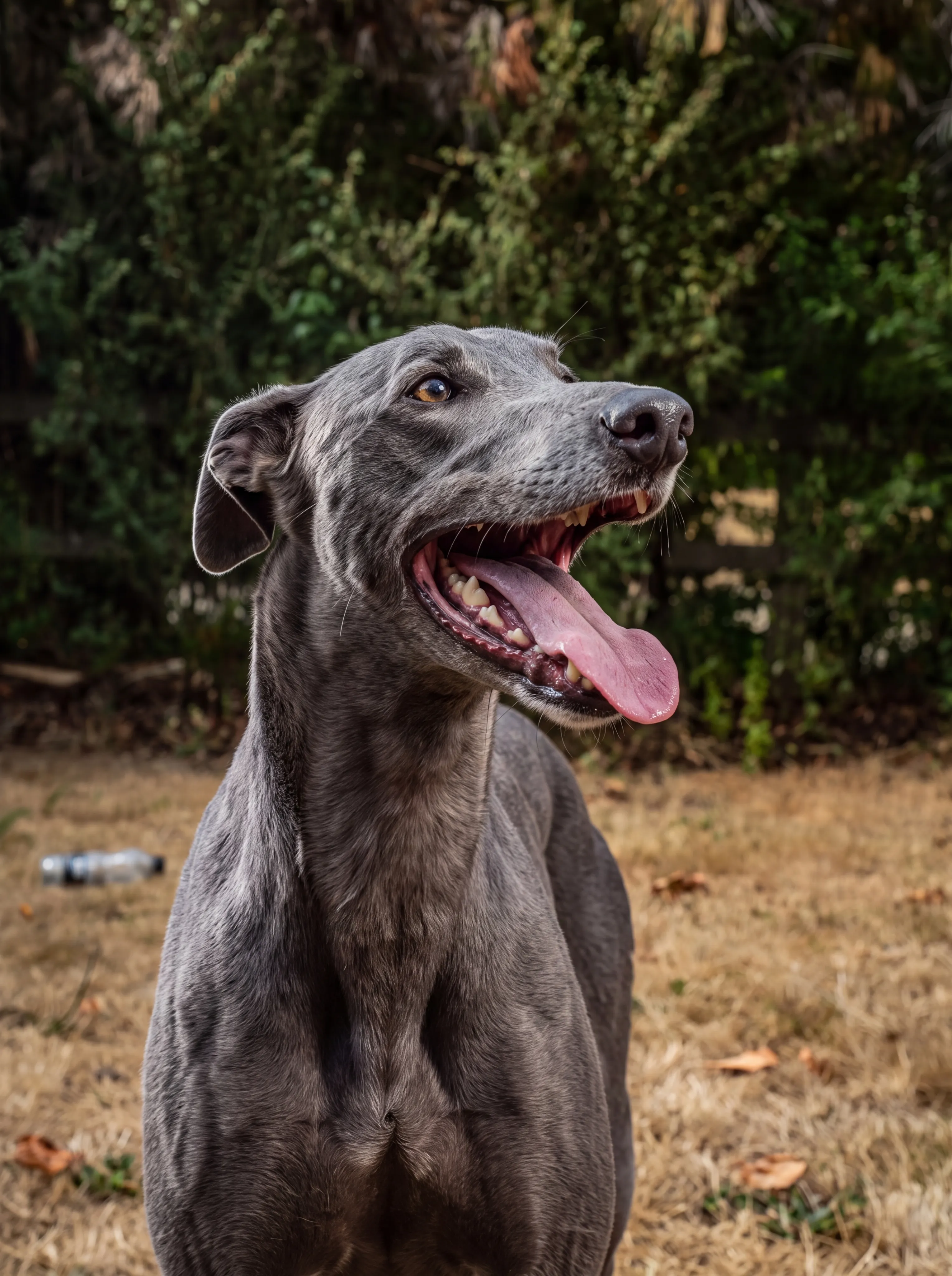 A grey lurcher sits panting with its tongue out on dry grass in a garden
