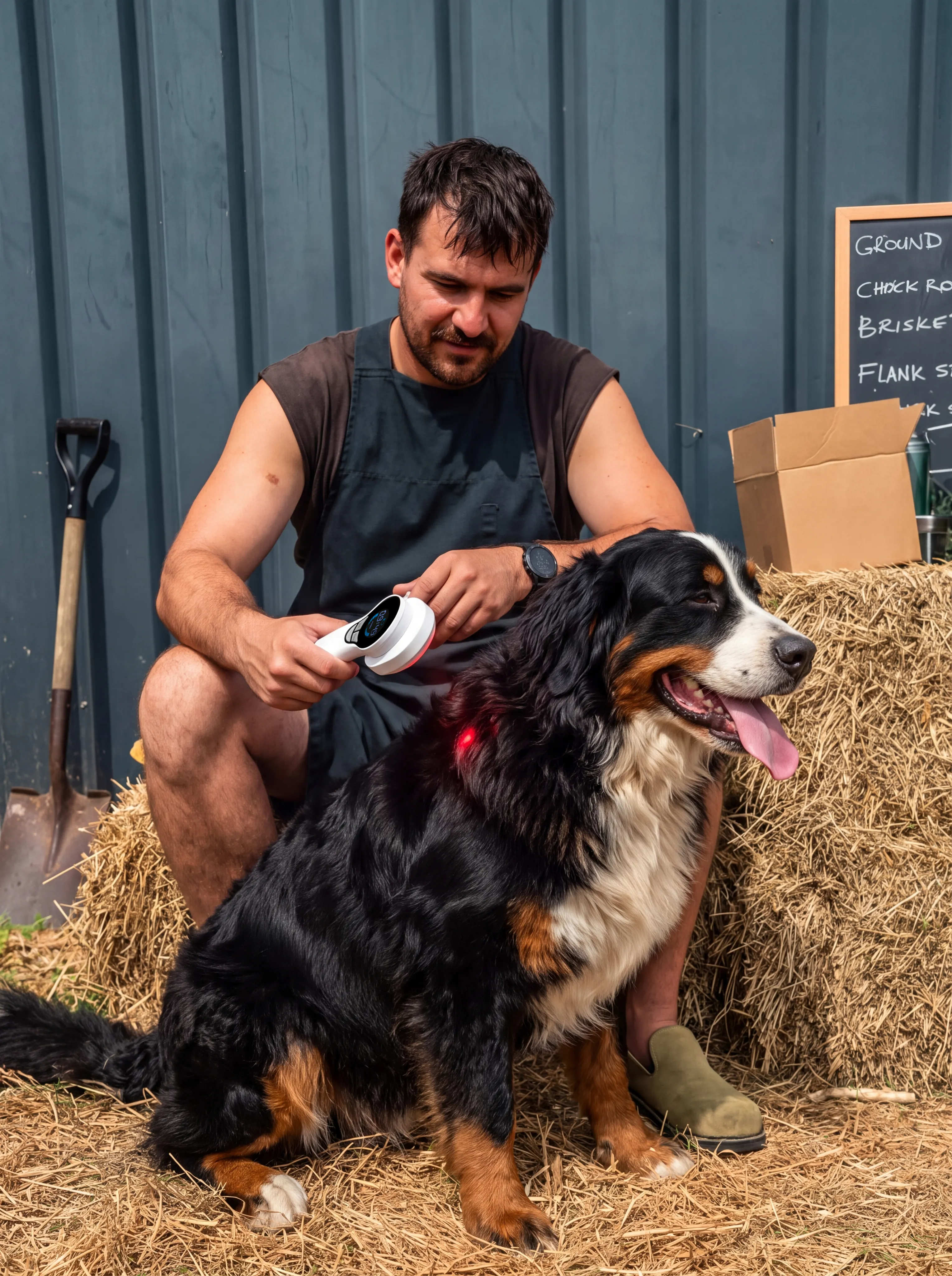 A man seated on a hay bale treats a Bernese mountain dog's shoulder with a red-light laser device