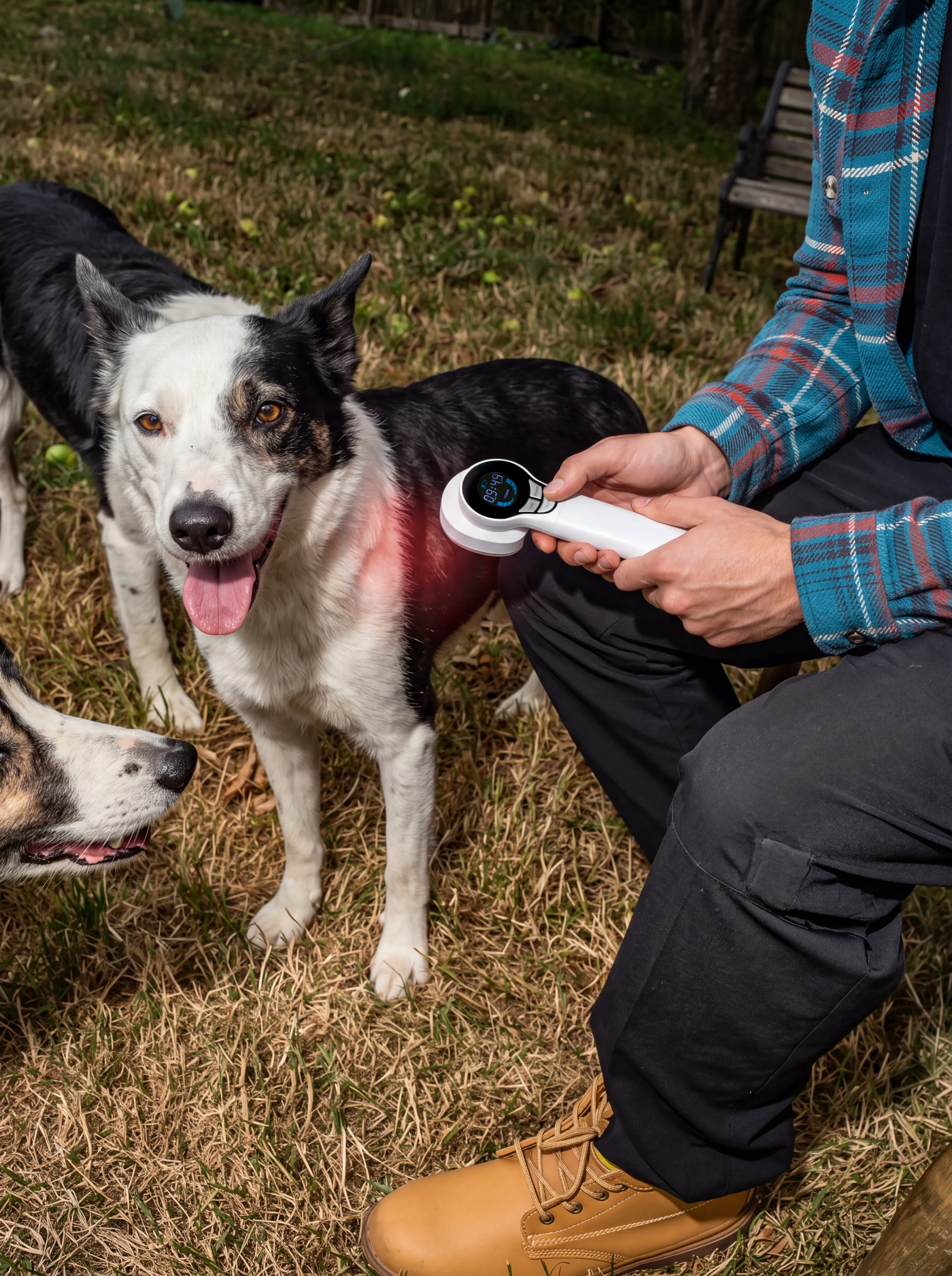 A person in a plaid shirt holds a red-light laser device to a border collie's shoulder in a yard