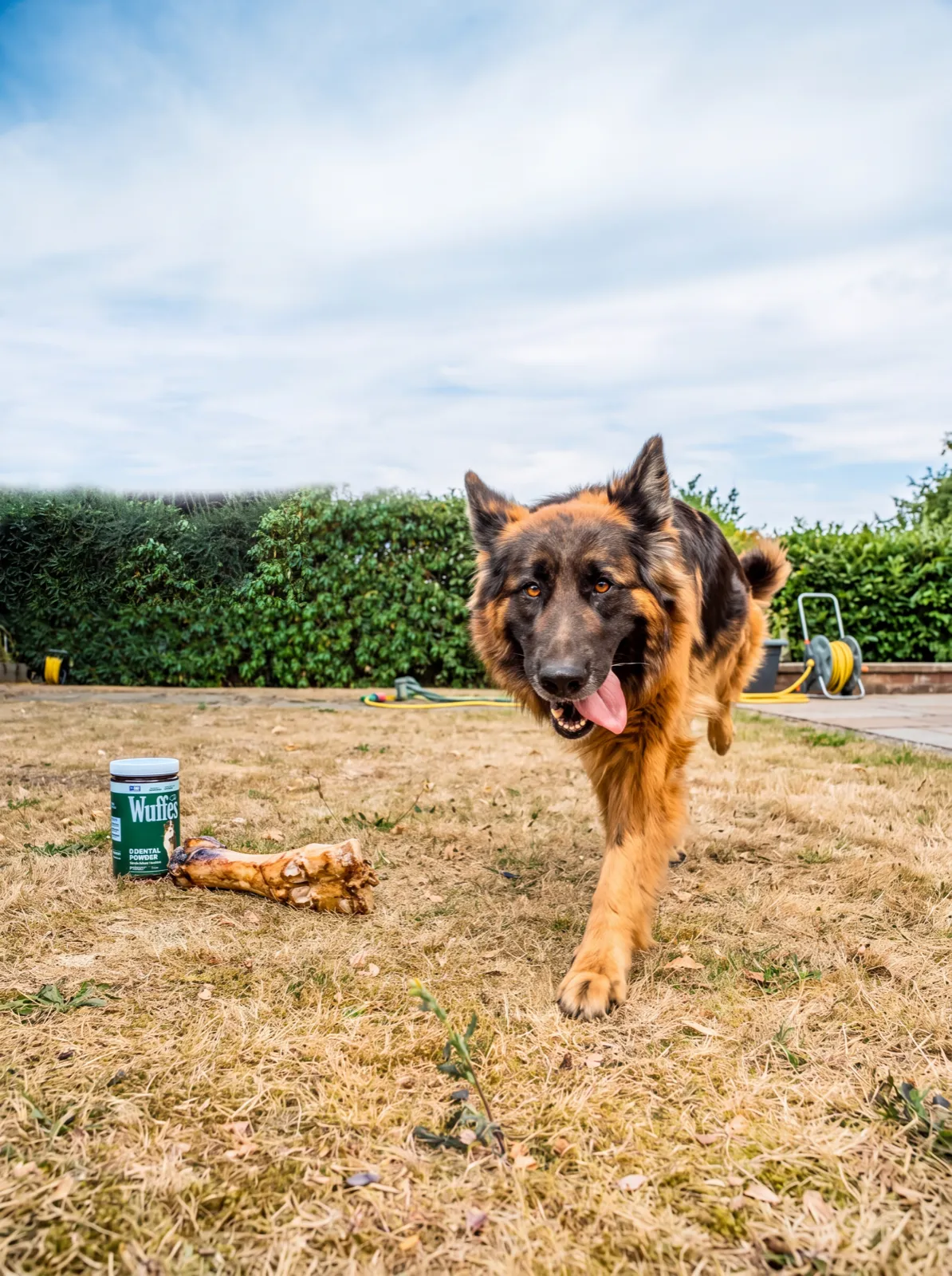 A long-coated black and tan German shepherd trotting towards the camera across a dry lawn, tongue out
