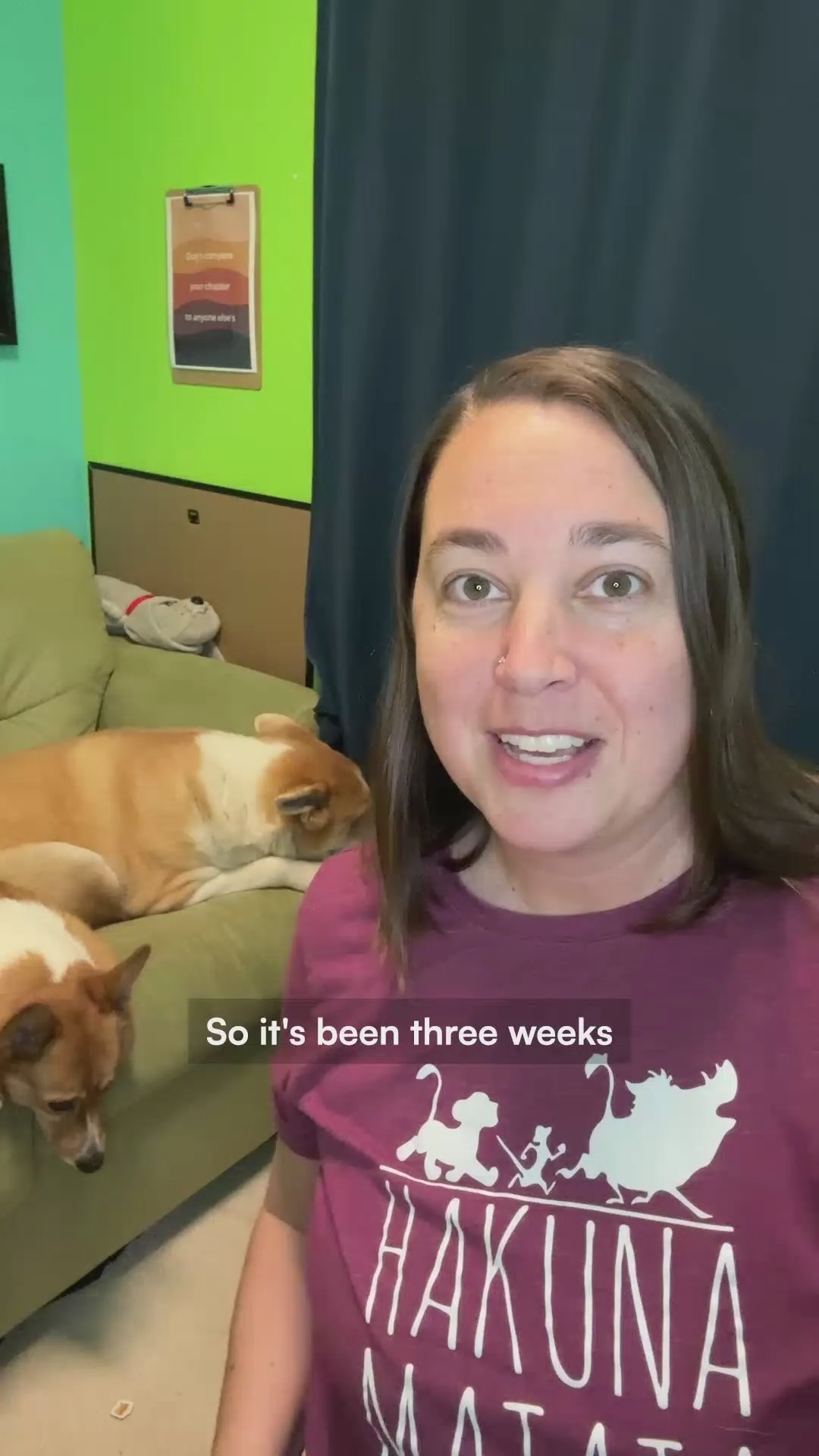 A woman in a maroon t-shirt talking to camera while her two corgis lie on a green couch behind her