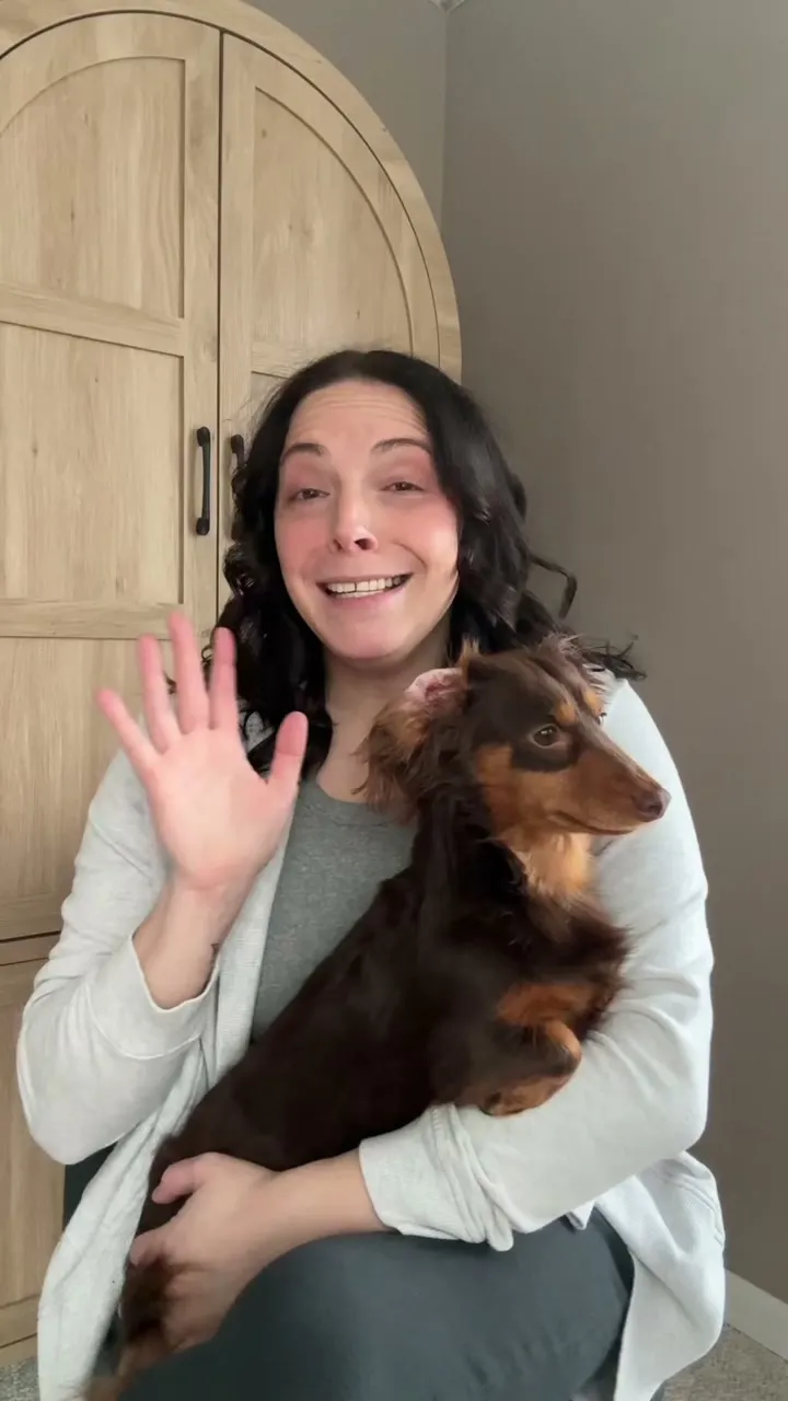 A customer sitting at home with her long-haired dachshund on her lap
