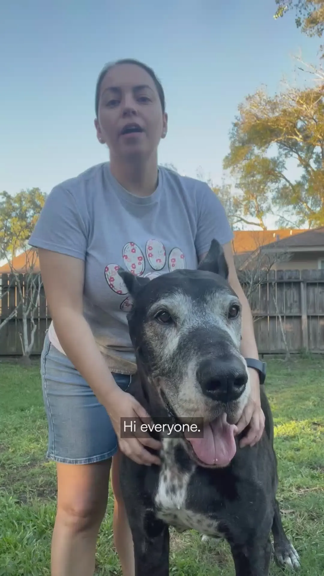 A woman in a sunlit back yard with her arm around her senior black and white Great Dane, its tongue hanging out