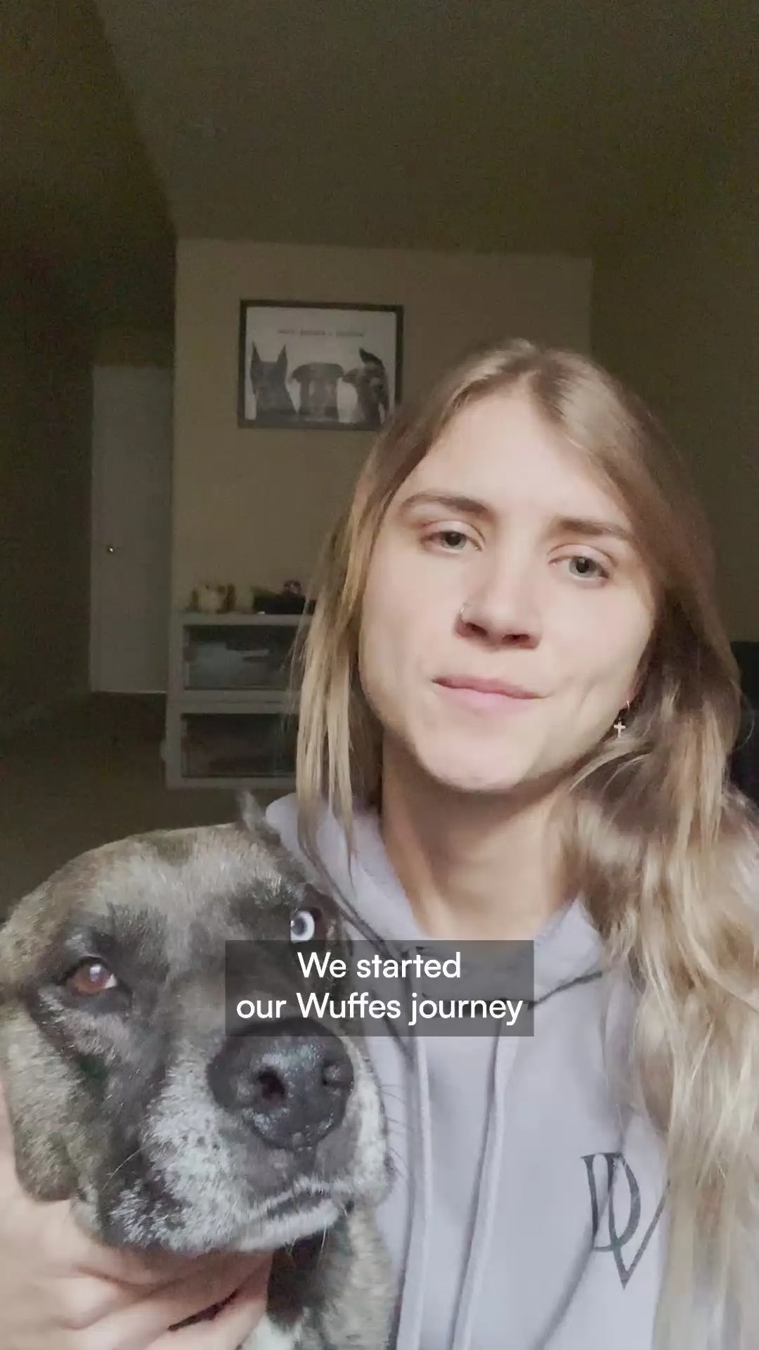 A woman in a grey hoodie resting her head against her brindle mastiff type dog indoors