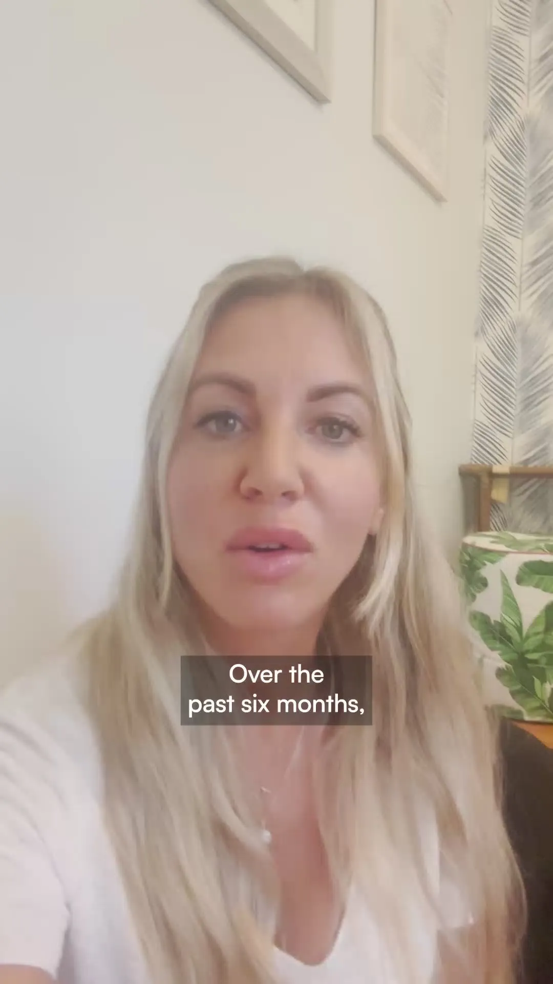 A blonde woman talking to camera at home about her dog over the past six months