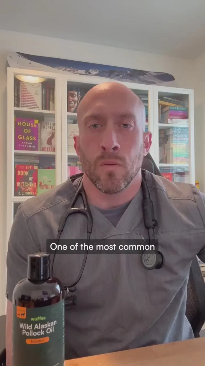 A veterinarian in grey scrubs at a desk with a bottle of Wuffes Wild Alaskan Pollock Oil, talking to camera
