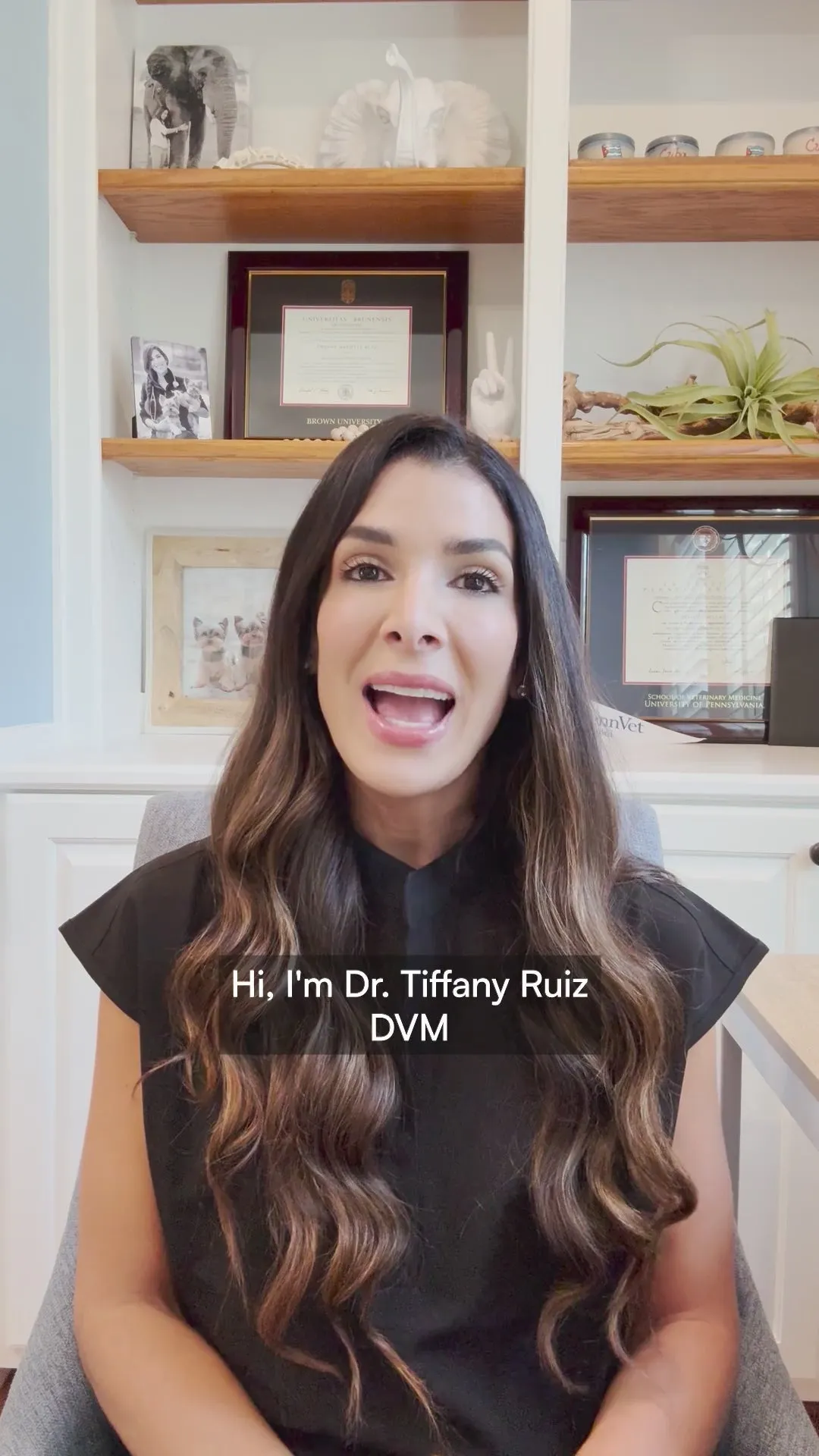Veterinarian Dr. Tiffany Ruiz in a black top in front of a bookshelf, introducing herself to camera