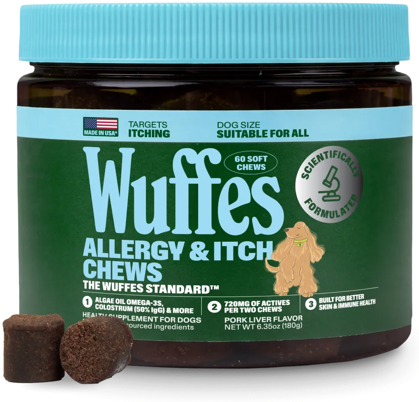 A jar of Wuffes Allergy & Itch Chews with two soft chews beside it