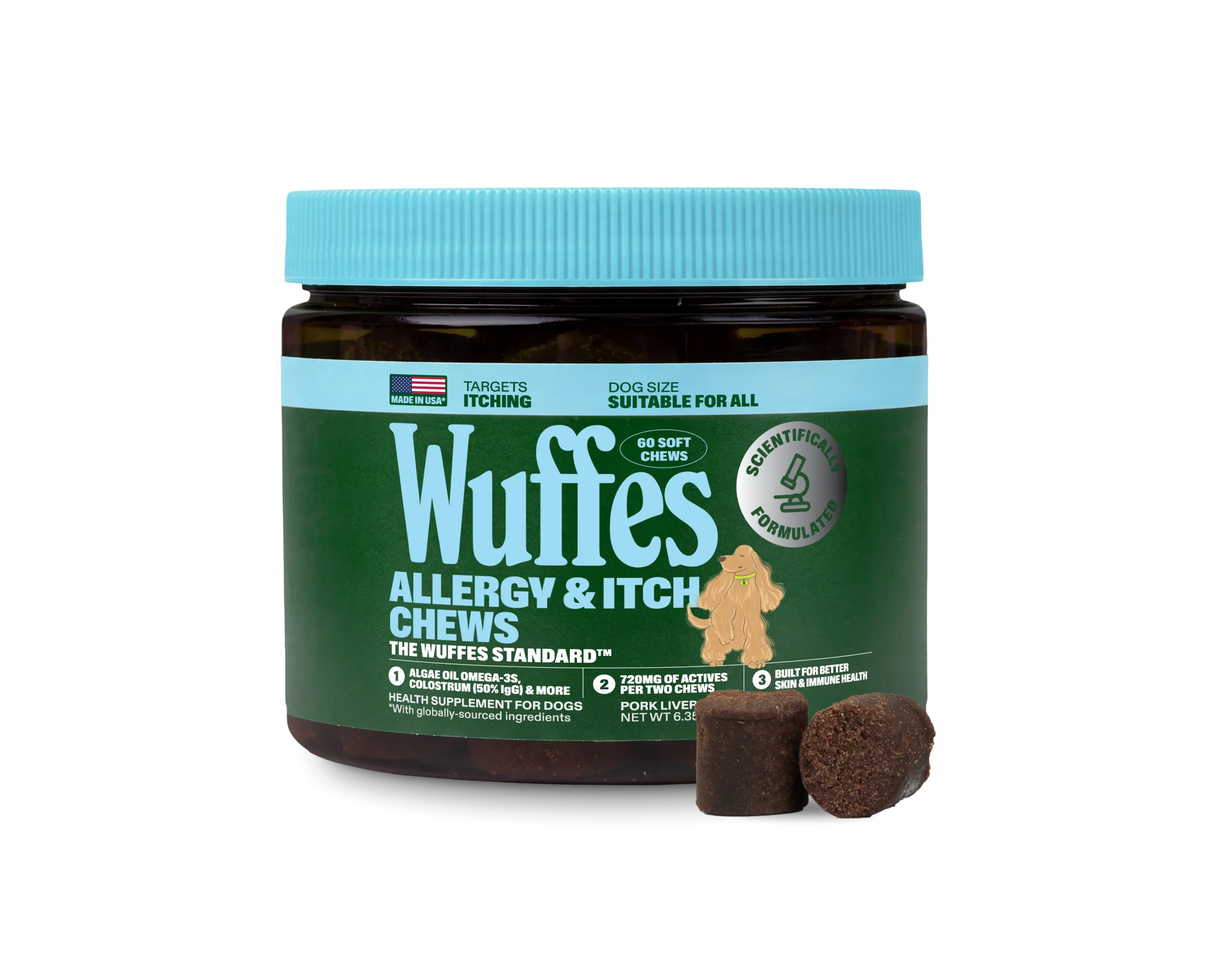 A dark amber jar of Wuffes Allergy & Itch Chews for dogs with a pale blue lid, labelled for itching and suitable for all dog sizes, 60 soft chews, showing an illustrated shaggy tan dog, two soft brown chews beside it