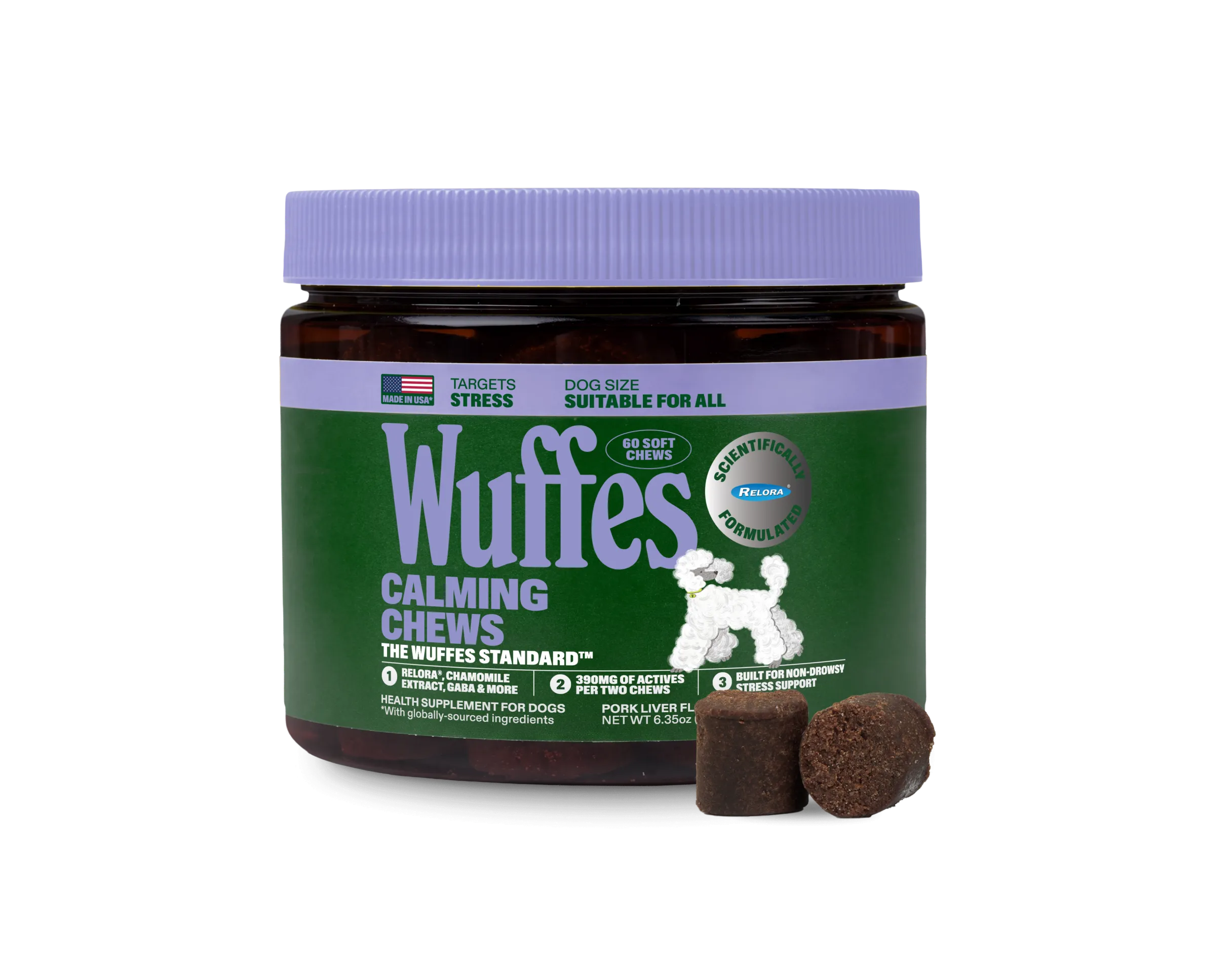 A dark amber jar of Wuffes Calming Chews for dogs with a lavender lid, labelled for stress and suitable for all dog sizes, 60 soft chews, showing an illustrated white poodle, two soft brown chews beside it