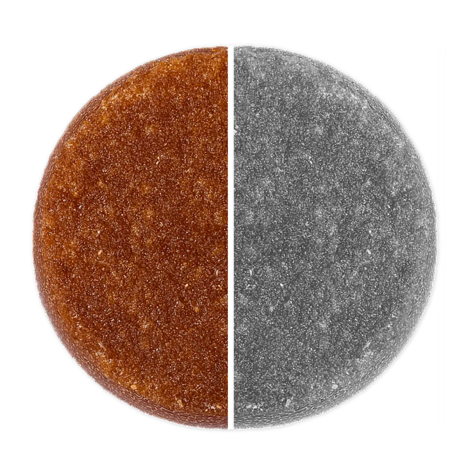 A single round chew split down the middle by a thin white line: the left half is a dense reddish-brown Wuffes joint chew, the right half is a grey chew representing other products