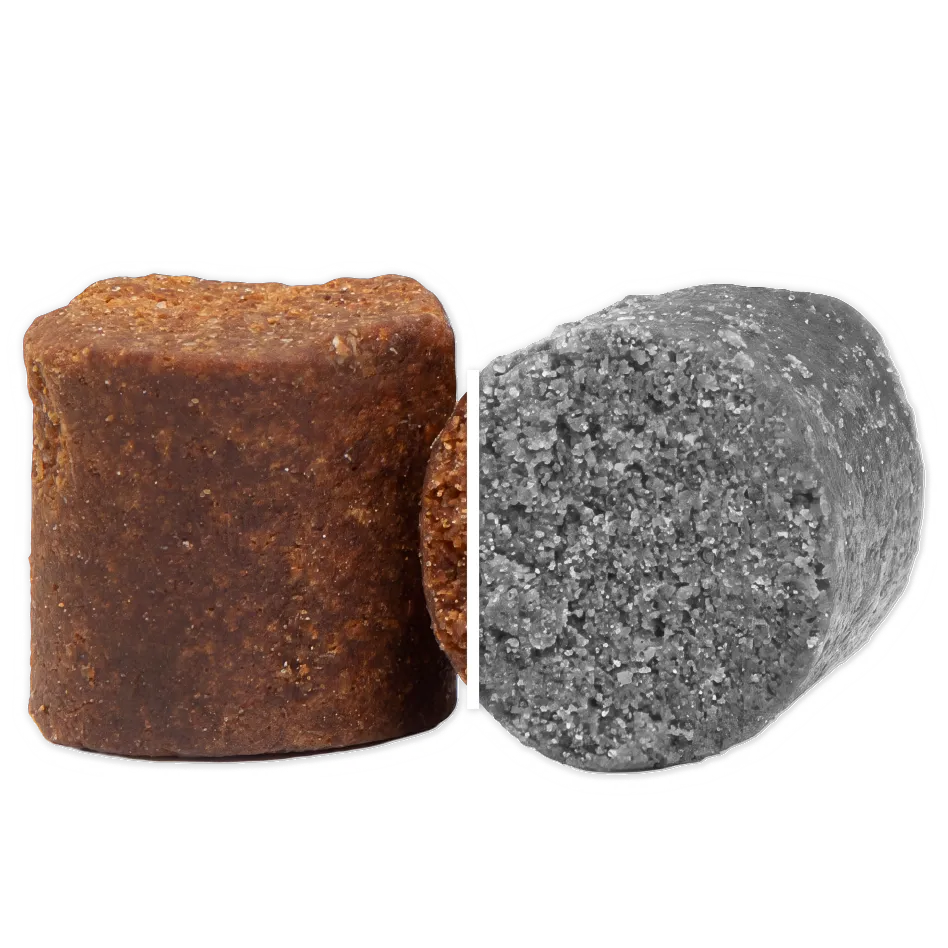 A reddish-brown Wuffes joint chew standing beside a grey chew representing other products, separated by a thin white line