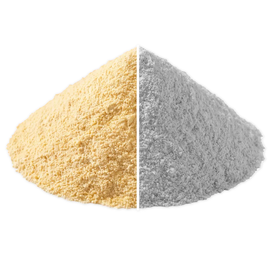 A single heap of powder split down the middle by a thin white line: the left half is golden Wuffes Dental Powder, the right half is a grey powder representing other products