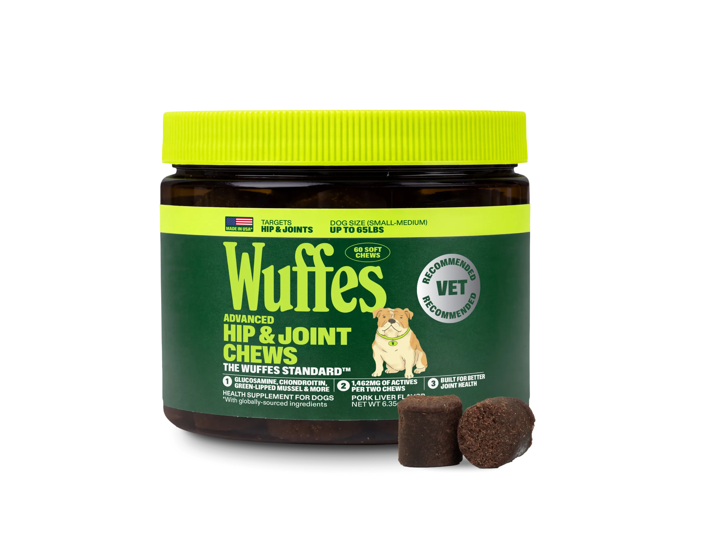 A dark amber jar of Wuffes Advanced Hip & Joint Chews with a lime green lid, labelled for small to medium dogs up to 65lbs and showing an illustrated bulldog, two soft brown chews beside it