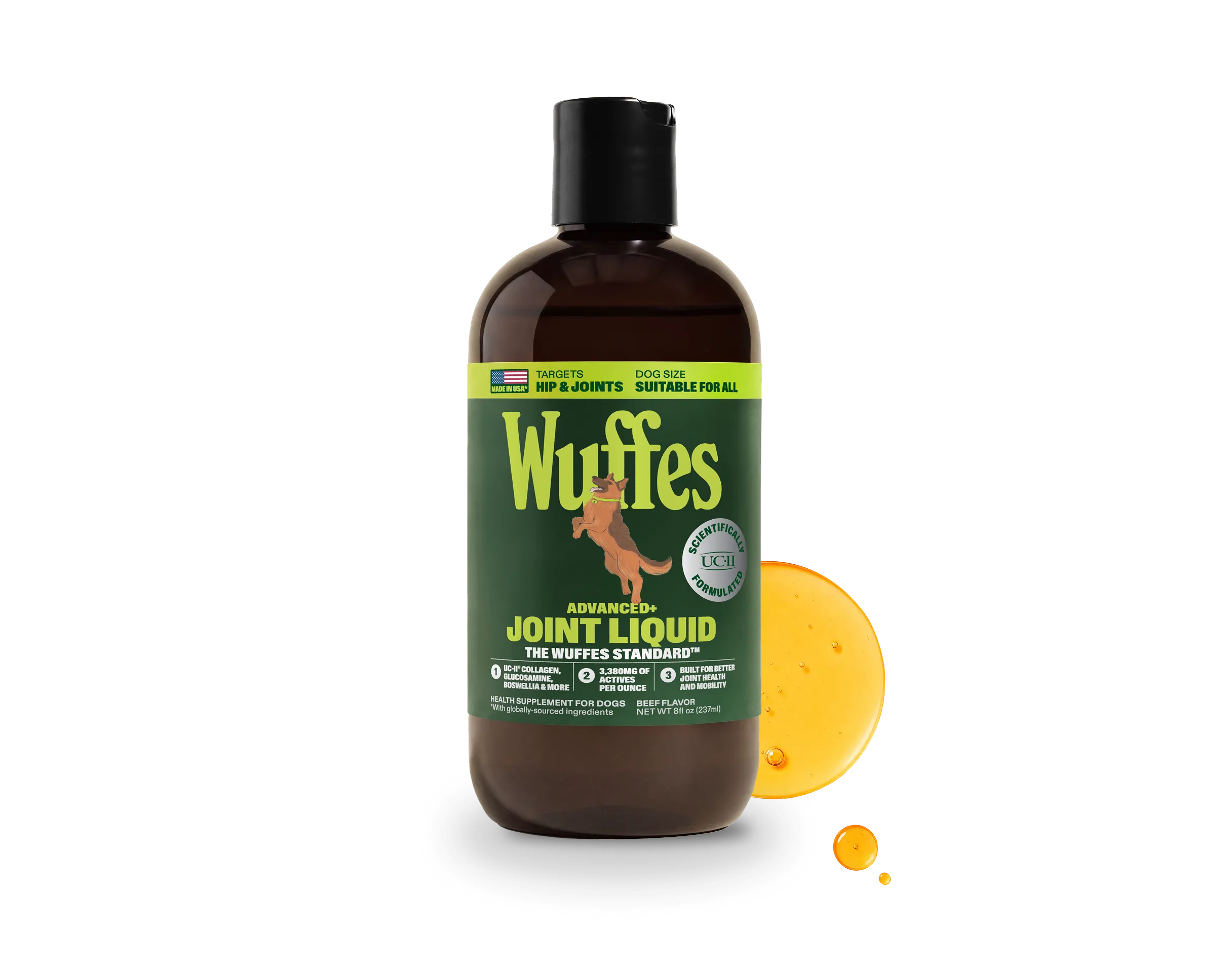 A dark amber bottle of Wuffes Advanced+ Joint Liquid for dogs with a black cap and a dark green label, labelled for hip and joints and showing an illustrated leaping tan dog, a large splash of amber liquid and two drops beside it