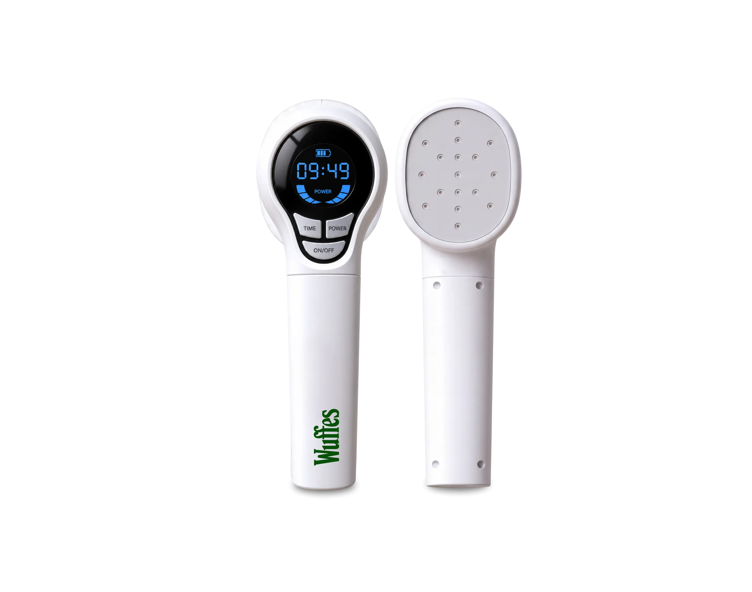 Two white Wuffes red light laser therapy devices side by side: one showing its front with a round display reading 09:49 and TIME, POWER and ON/OFF buttons, the other its back with the round treatment head