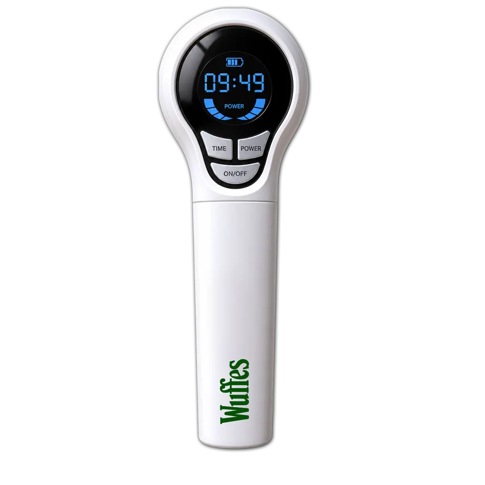 The white handheld Wuffes laser therapy device standing upright, its digital display lit and the Wuffes wordmark printed down its handle