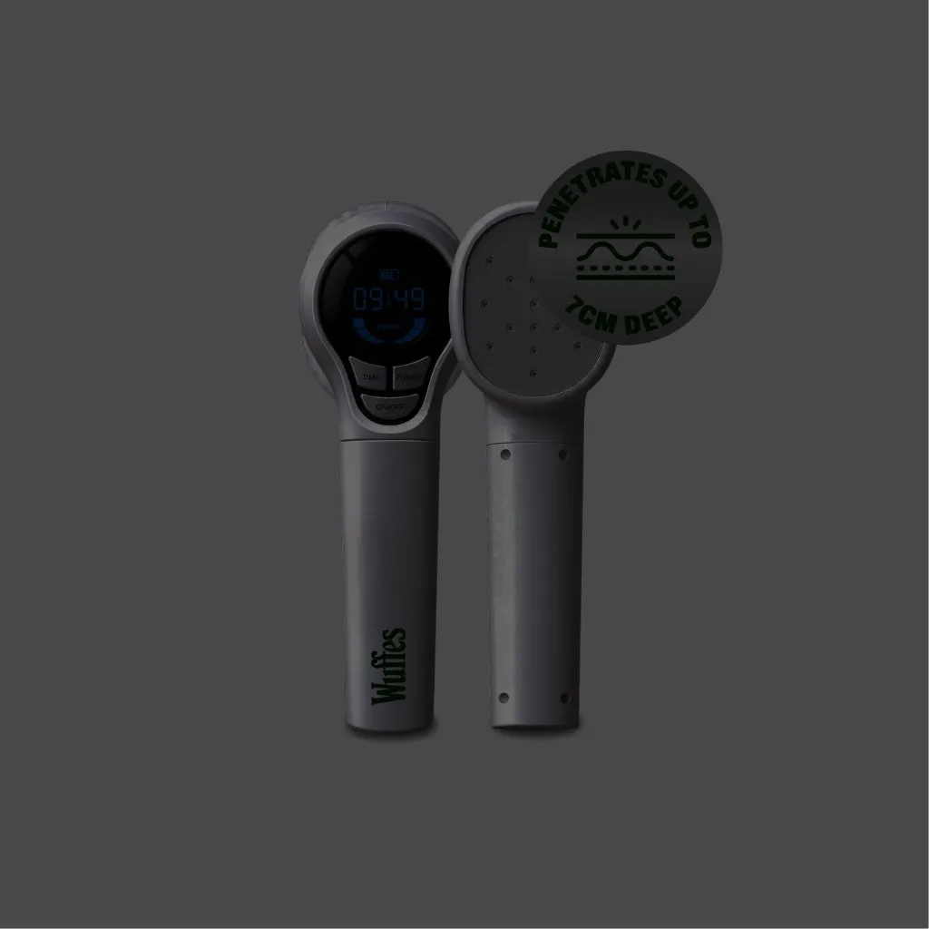 The Wuffes Red Light Laser Joint Therapy Device shown front and back, on a dark grey ground beside a round award seal